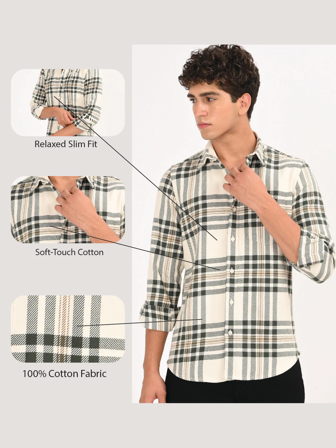 Men Cream Classic Checked Shirt - Image 8
