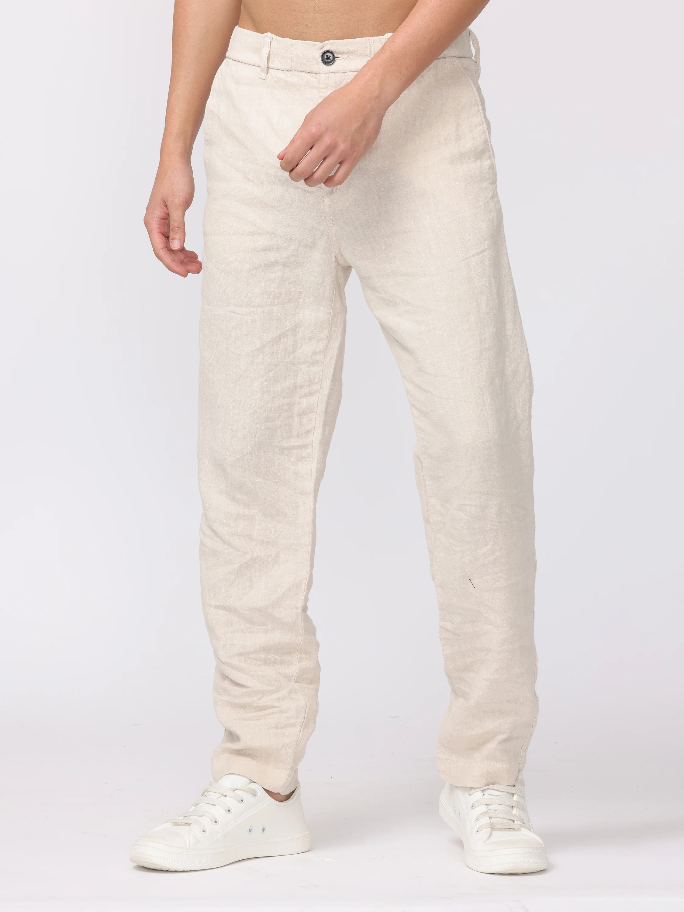 Men Cream Comfort Fit Linen Pants - Image 3