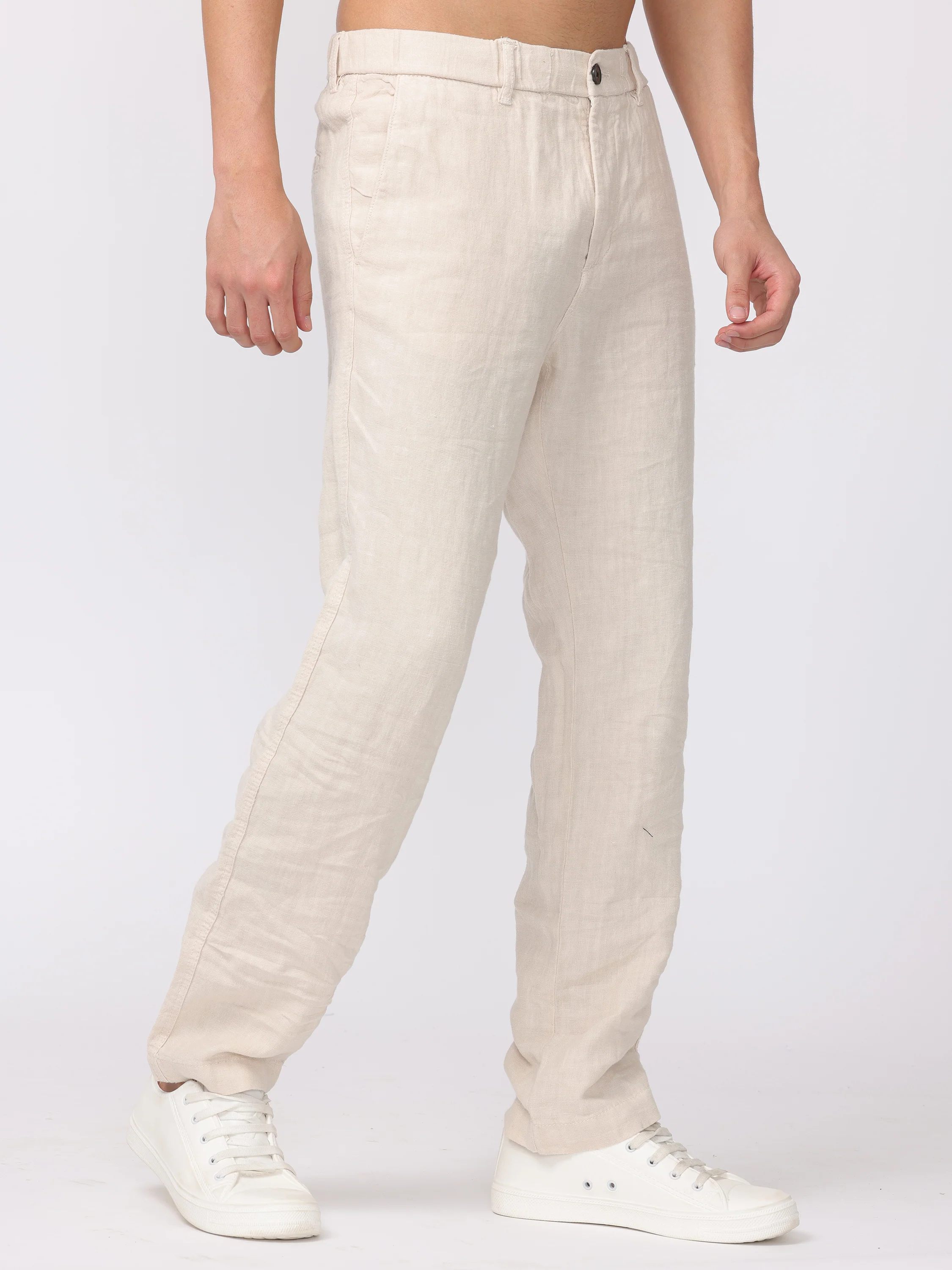 Men Cream Comfort Fit Linen Pants - Image 5