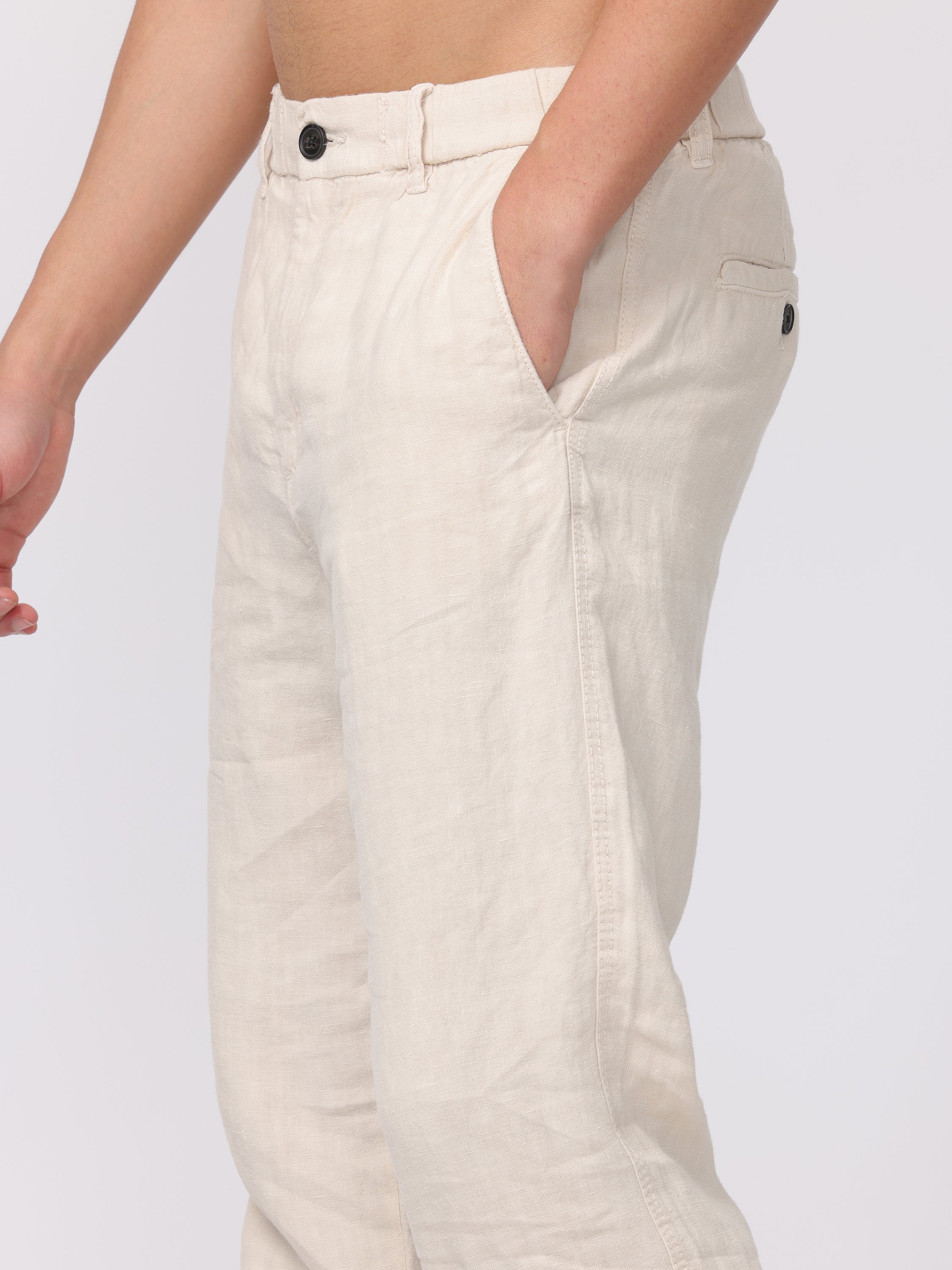 Men Cream Comfort Fit Linen Pants - Image 6