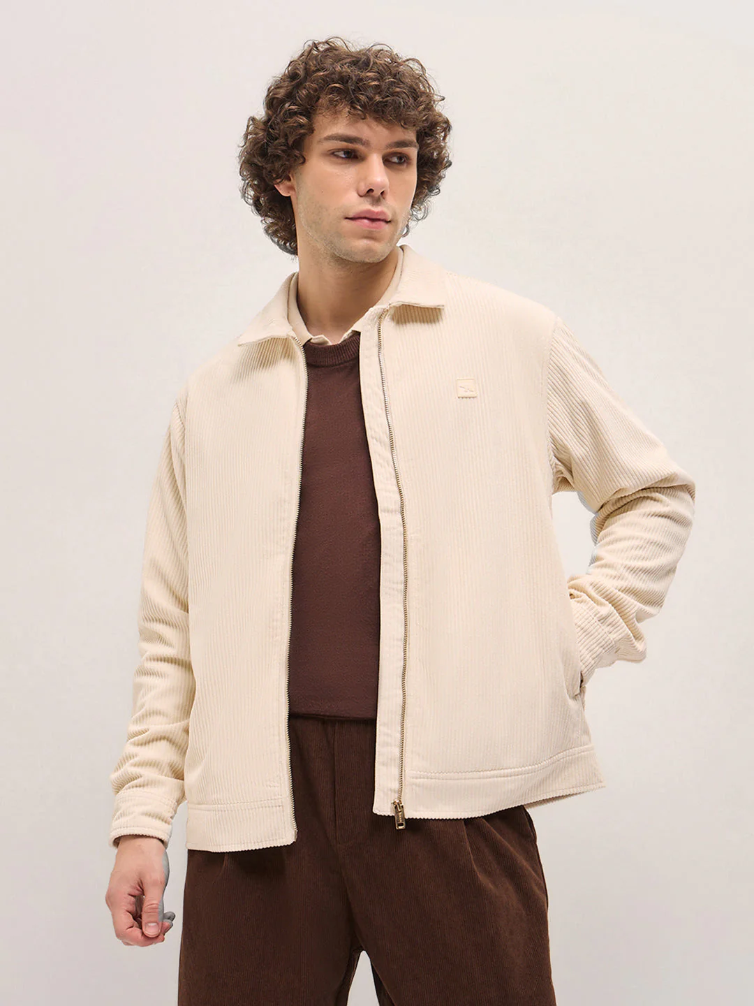 Men Cream Corduroy Zip Closure