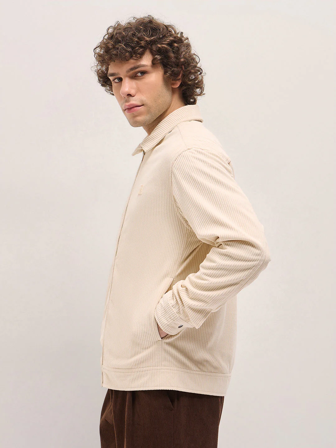 Men Cream Corduroy Zip Closure - Image 3