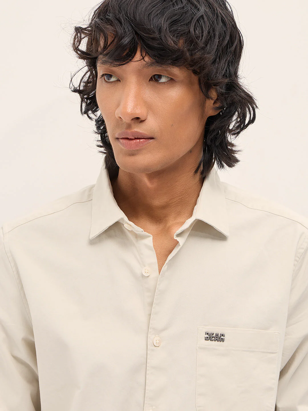 Men Cream Cotton Blend Solid Slim Fit Casual Shirt - Image 5