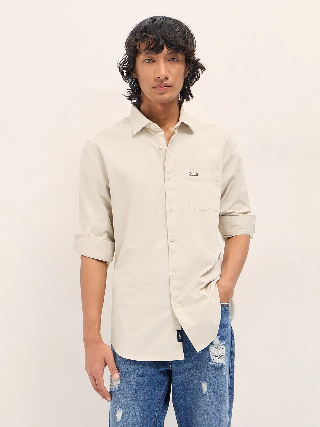 Men Cream Cotton Blend Solid Slim Fit Casual Shirt - Image 6