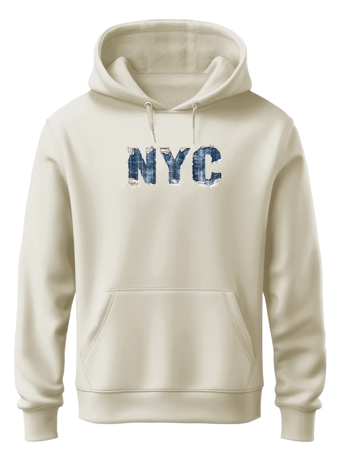 Men Cream Cotton Fleece Printed Hoodie