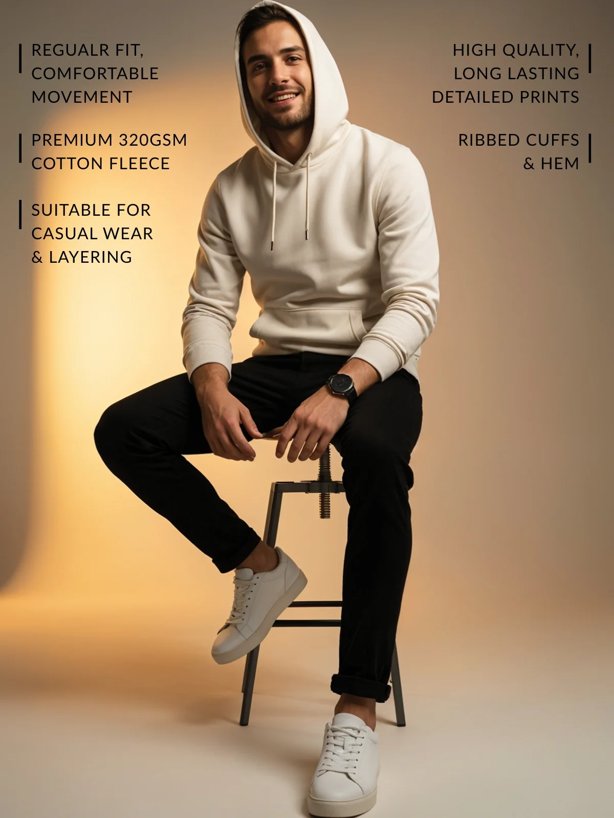 Men Cream Cotton Fleece Printed Hoodie - Image 3