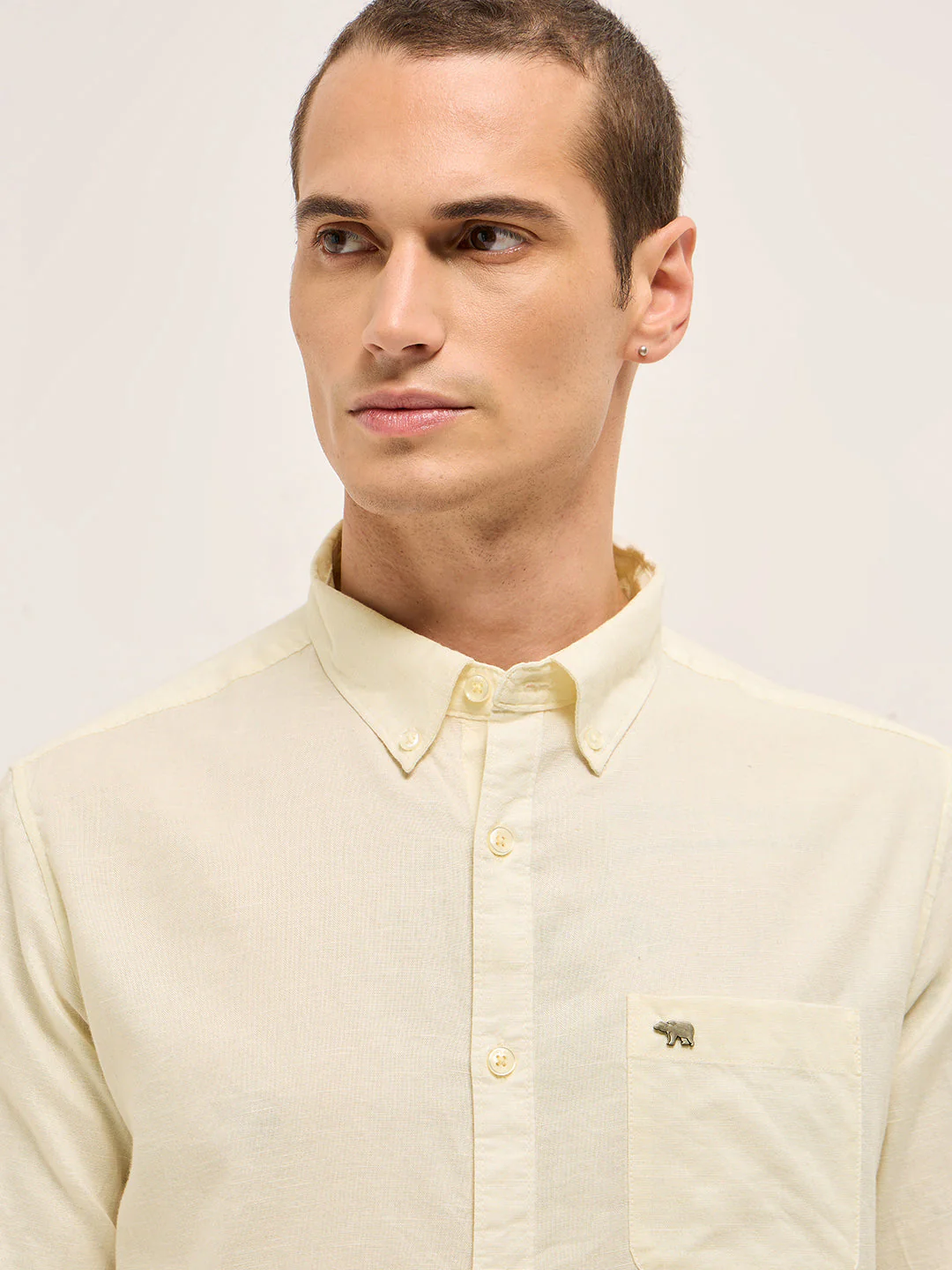 Men Cream Cotton Linen Solid Slim Fit Casual Shirt - Image 5