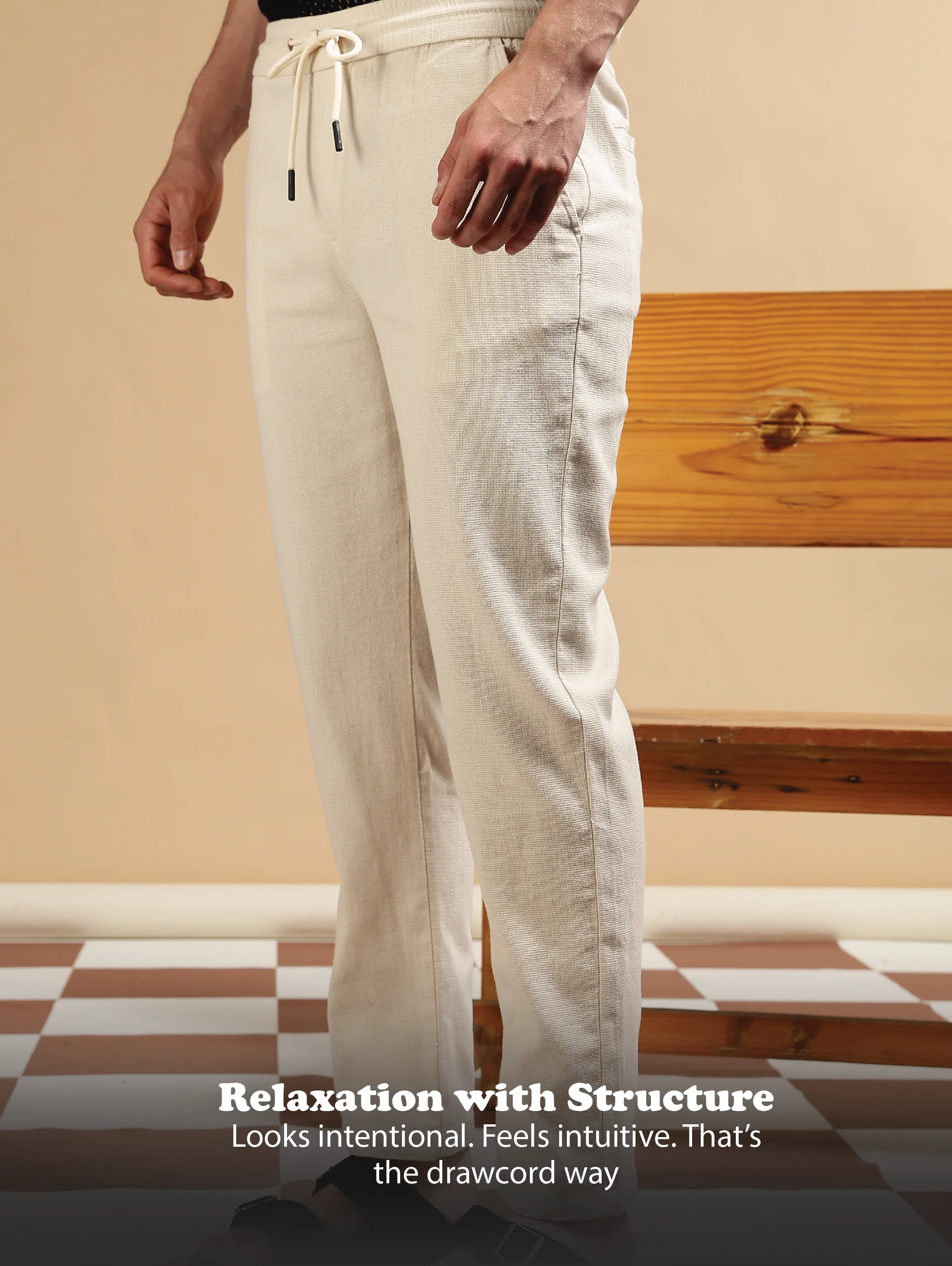Men Cream Cotton Loose Fit Drawcord Pants - Image 14