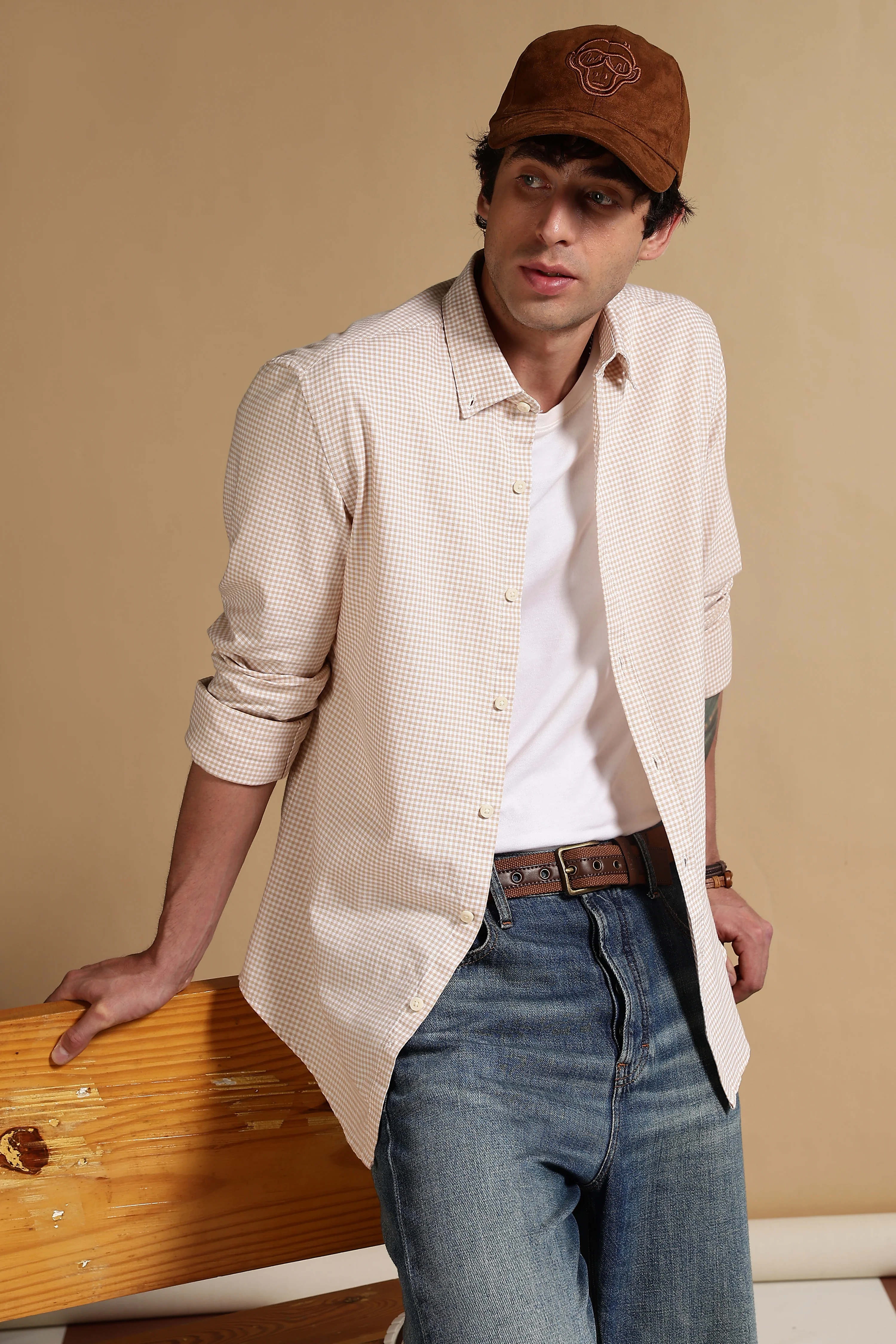 Men Cream Cotton Oxford Slim Fit Mini Checks Shirt - Image 2