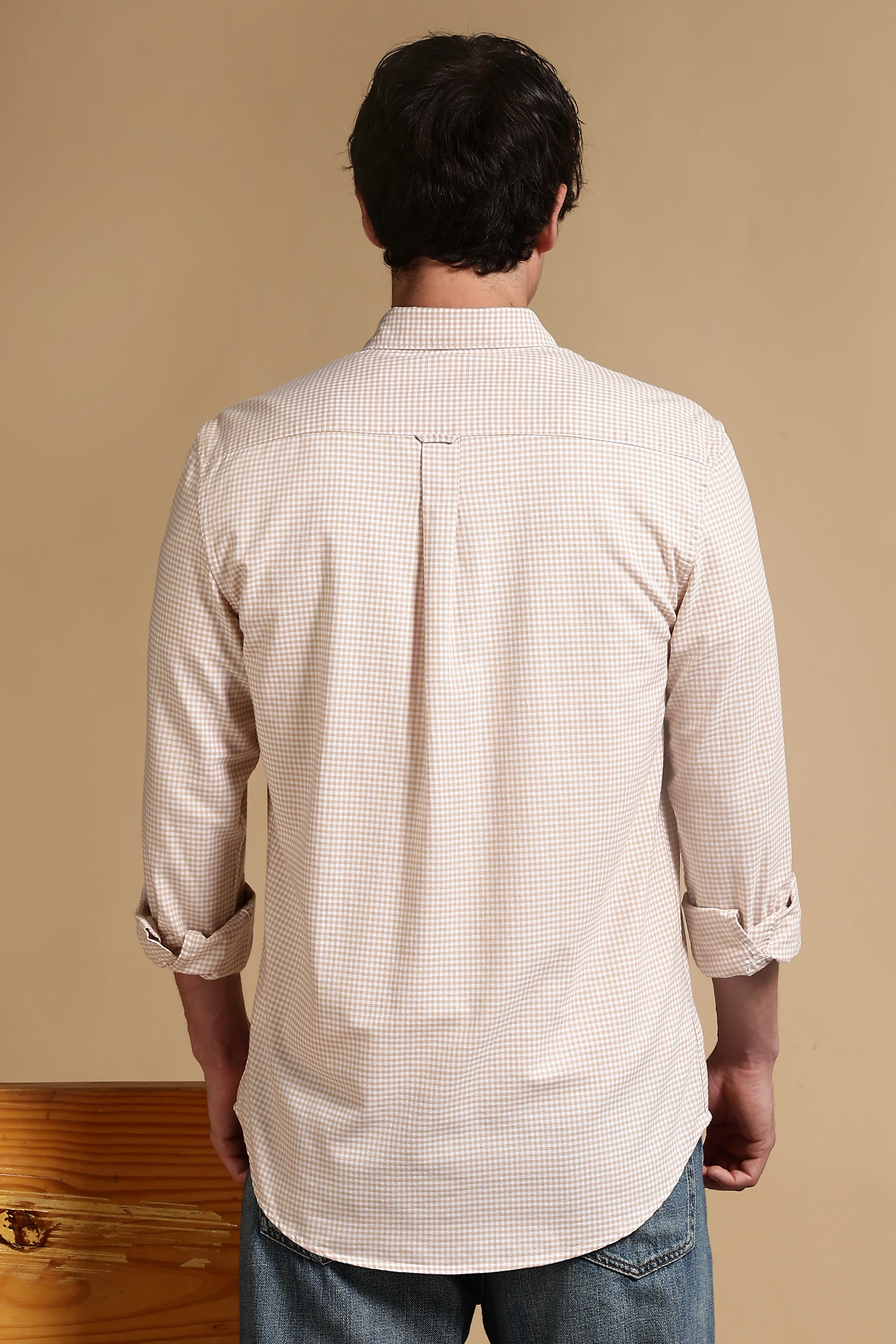 Men Cream Cotton Oxford Slim Fit Mini Checks Shirt - Image 4
