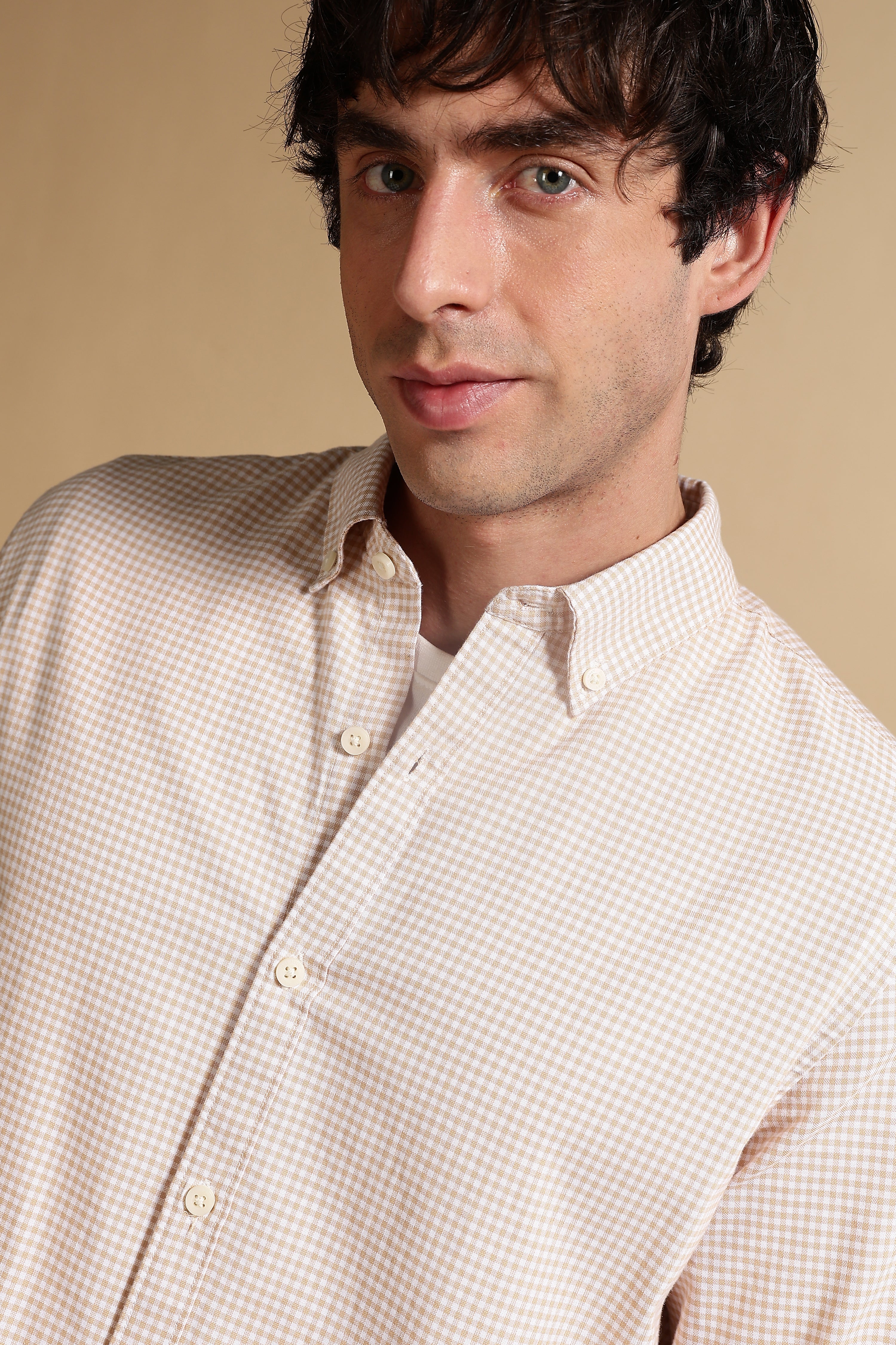 Men Cream Cotton Oxford Slim Fit Mini Checks Shirt - Image 6