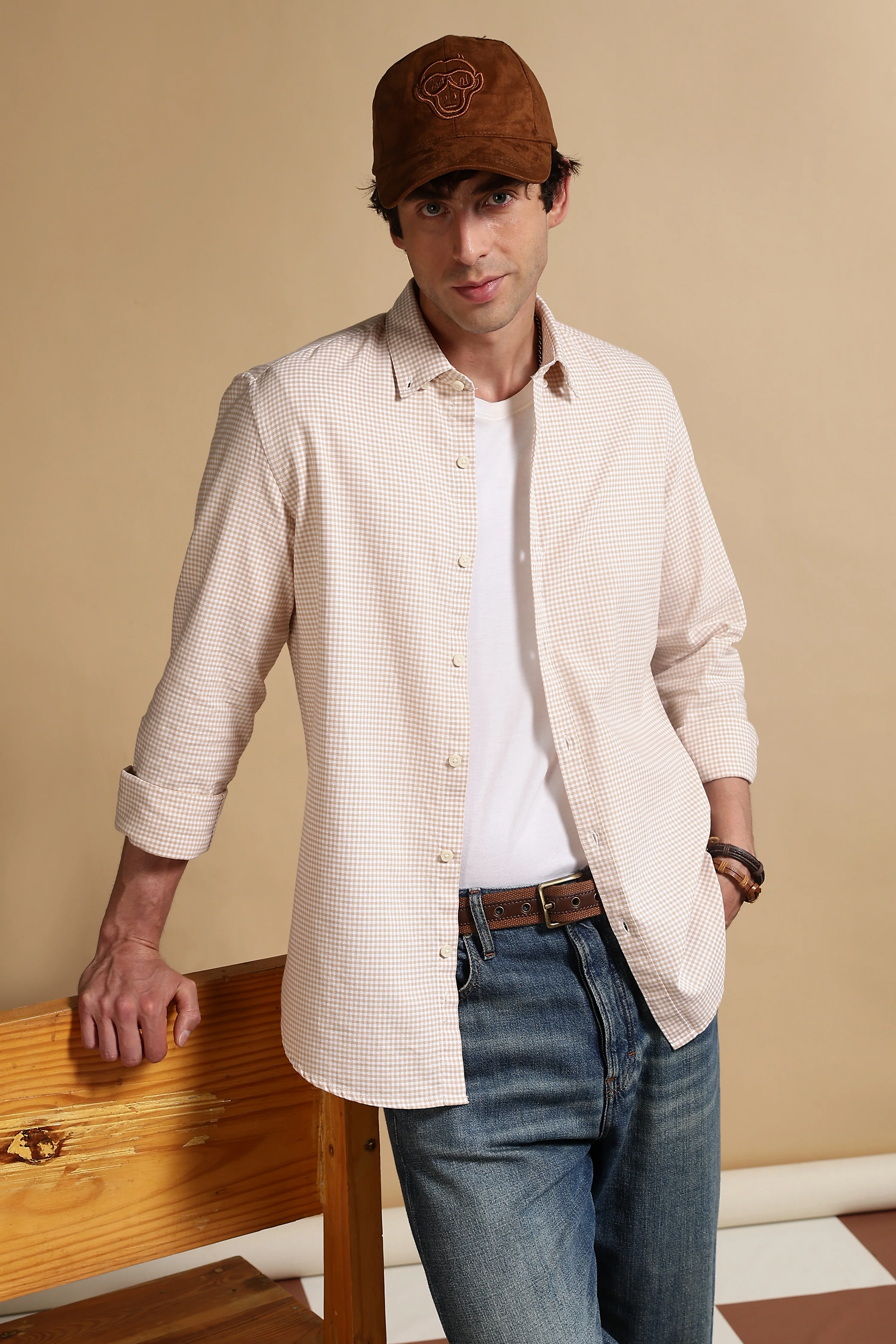 Men Cream Cotton Oxford Slim Fit Mini Checks Shirt - Image 9