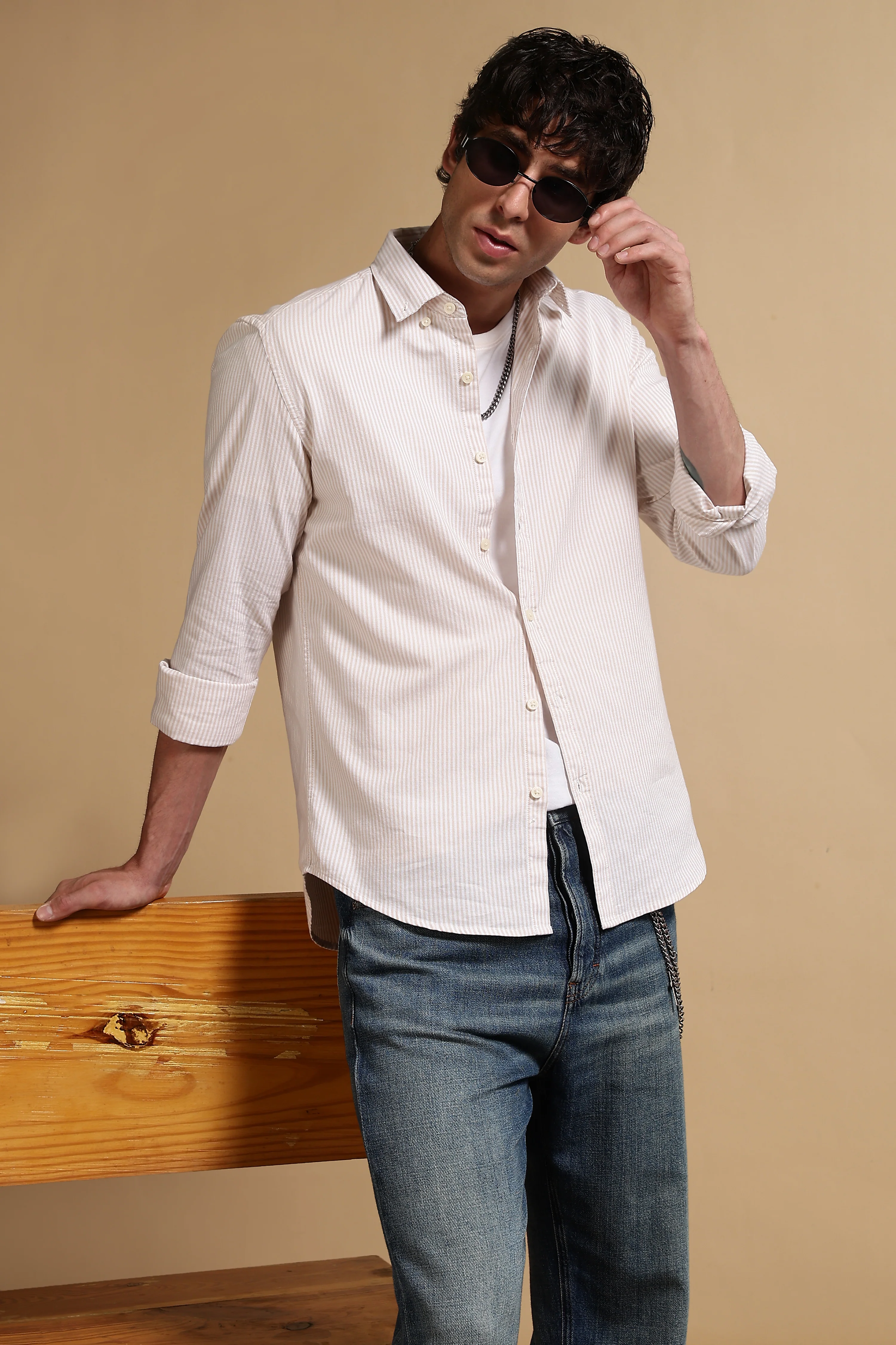 Men Cream Cotton Oxford Slim Fit Striped Shirt - Image 10