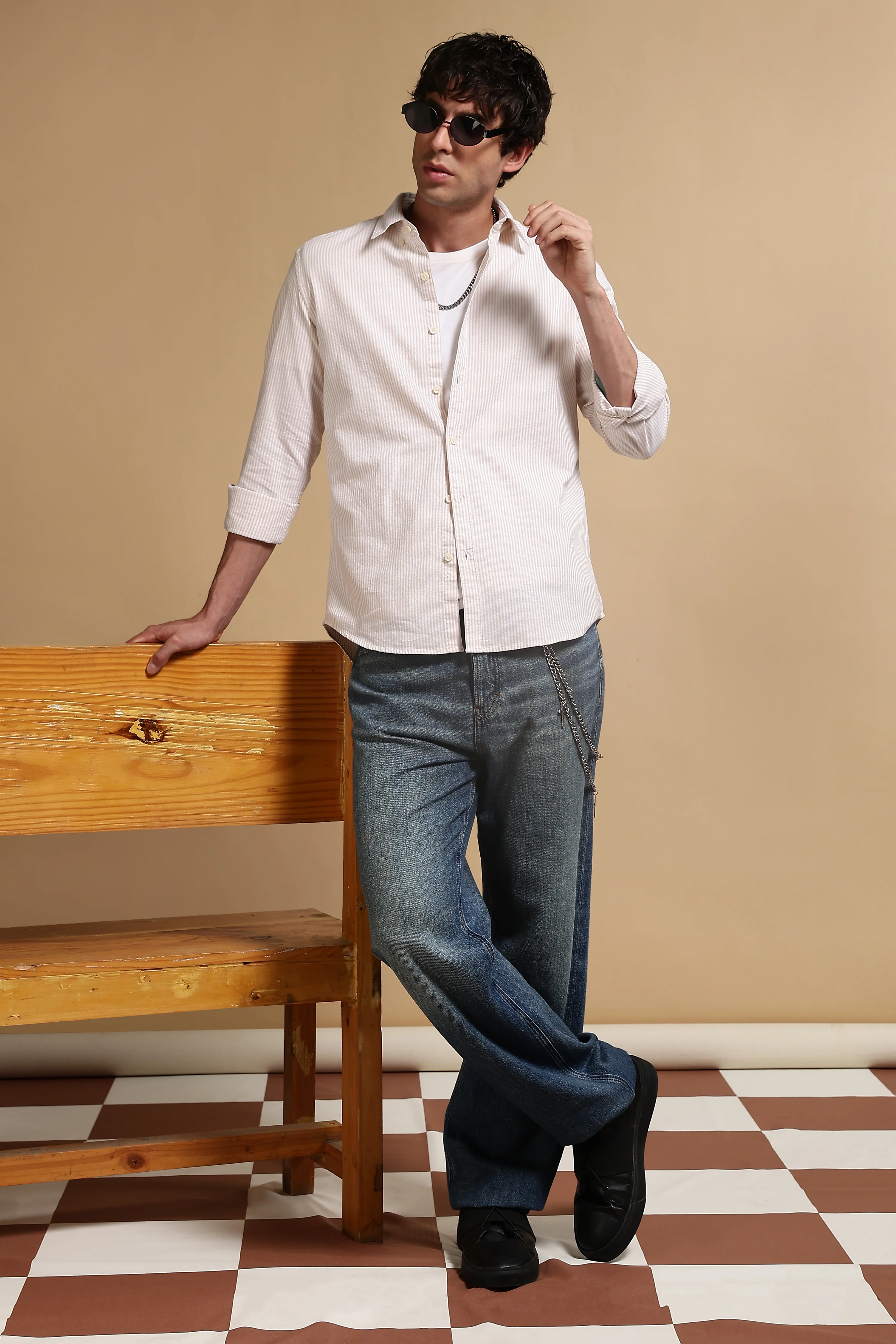 Men Cream Cotton Oxford Slim Fit Striped Shirt - Image 11