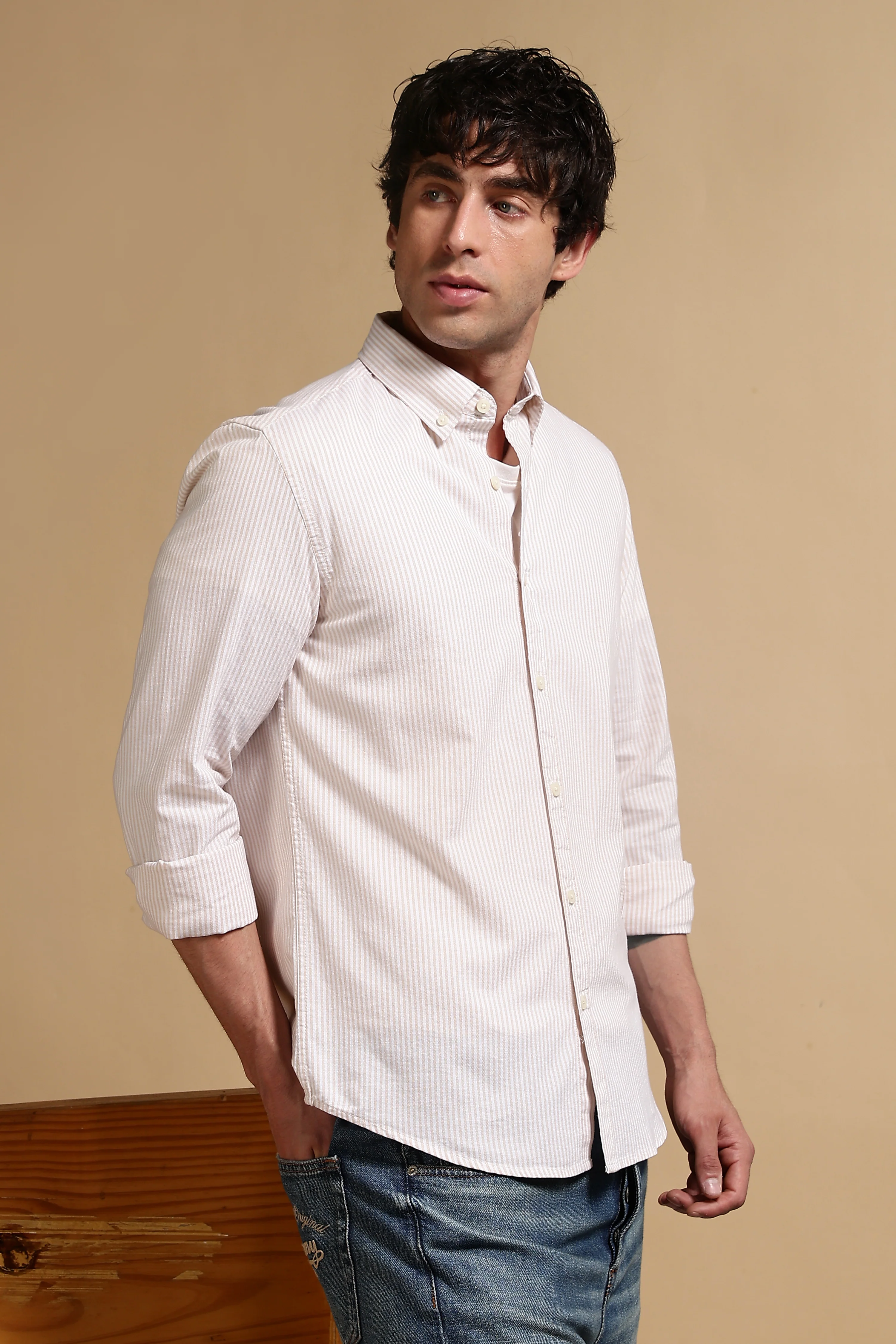 Men Cream Cotton Oxford Slim Fit Striped Shirt - Image 3