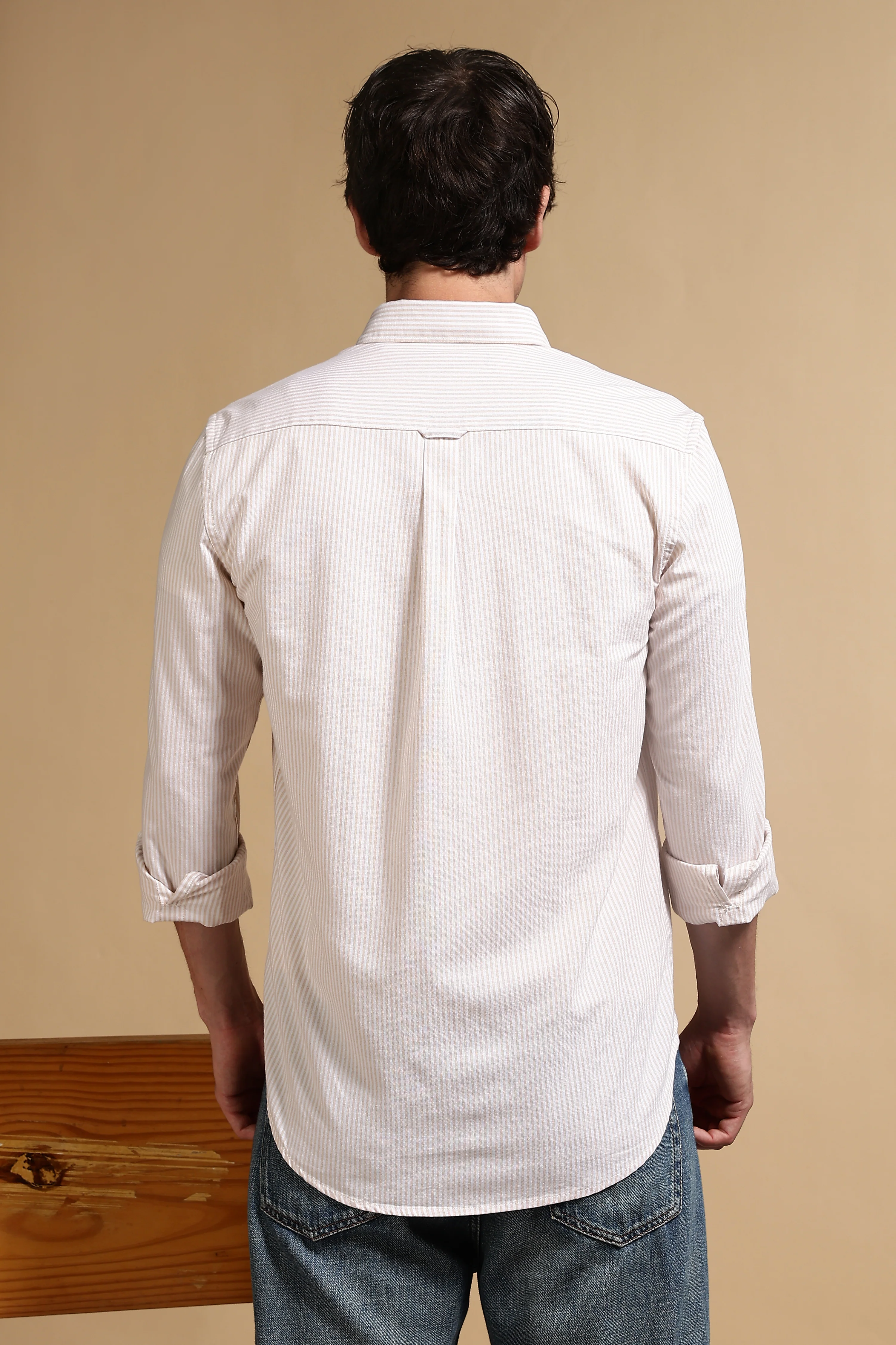 Men Cream Cotton Oxford Slim Fit Striped Shirt - Image 4