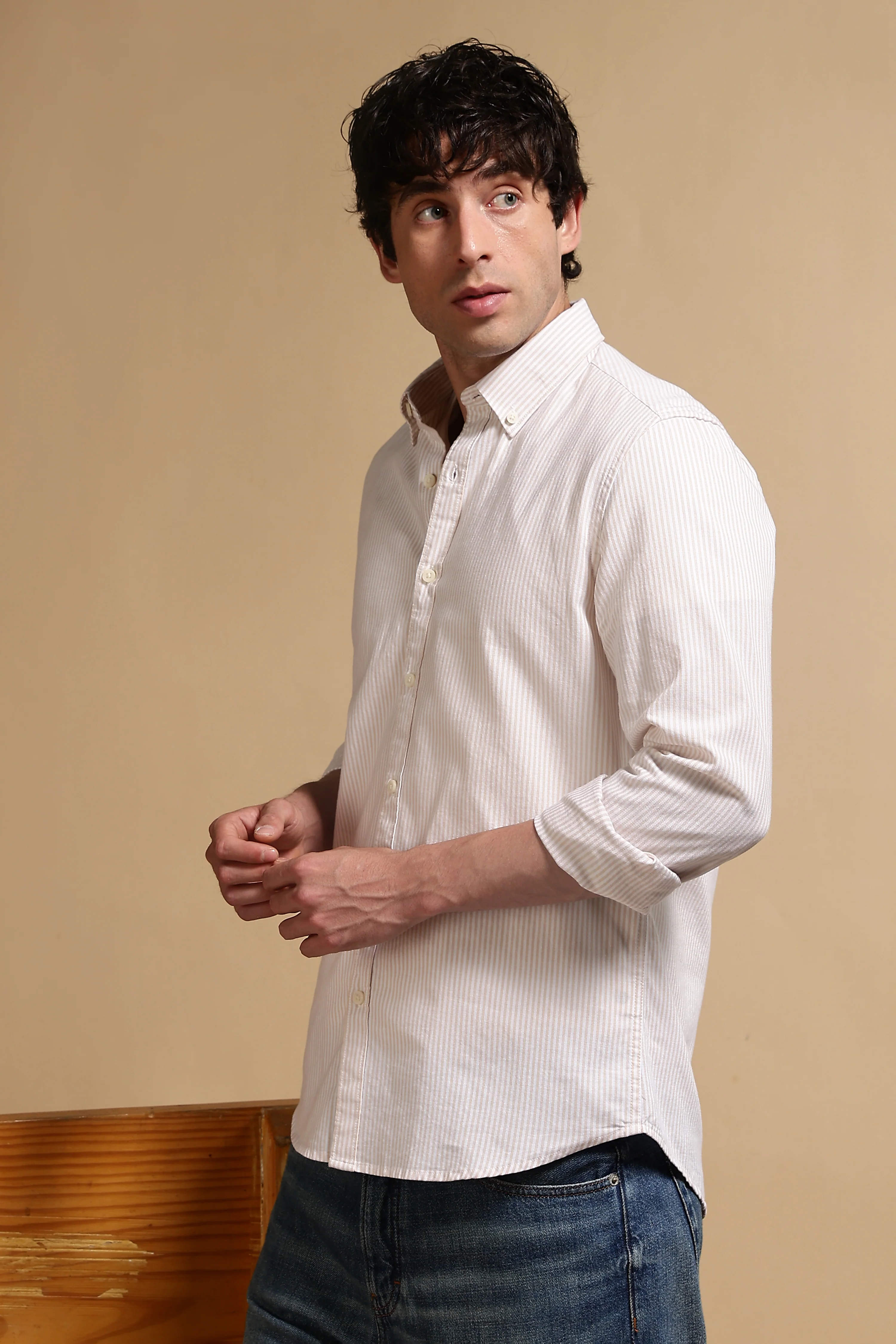 Men Cream Cotton Oxford Slim Fit Striped Shirt - Image 5