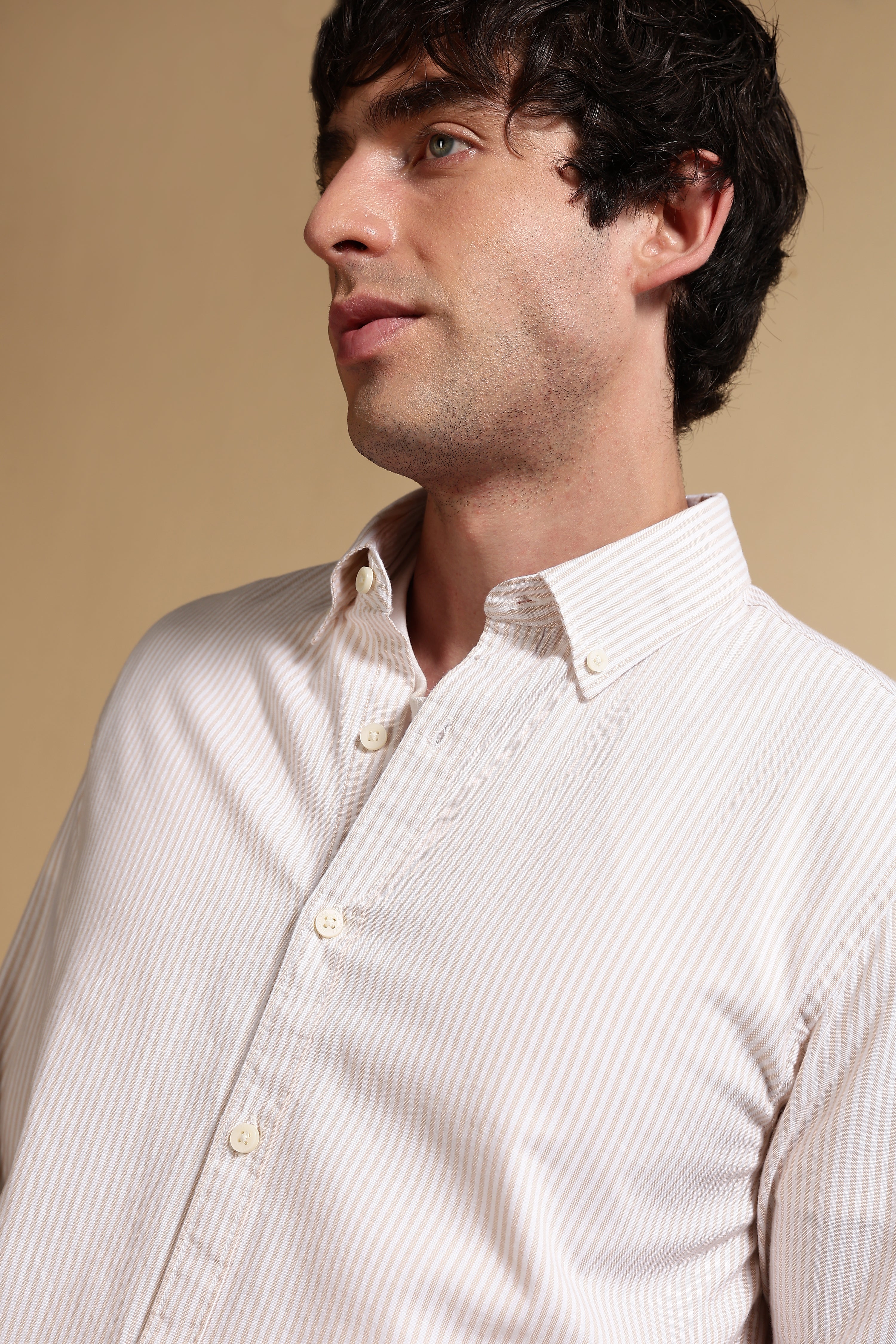 Men Cream Cotton Oxford Slim Fit Striped Shirt - Image 7