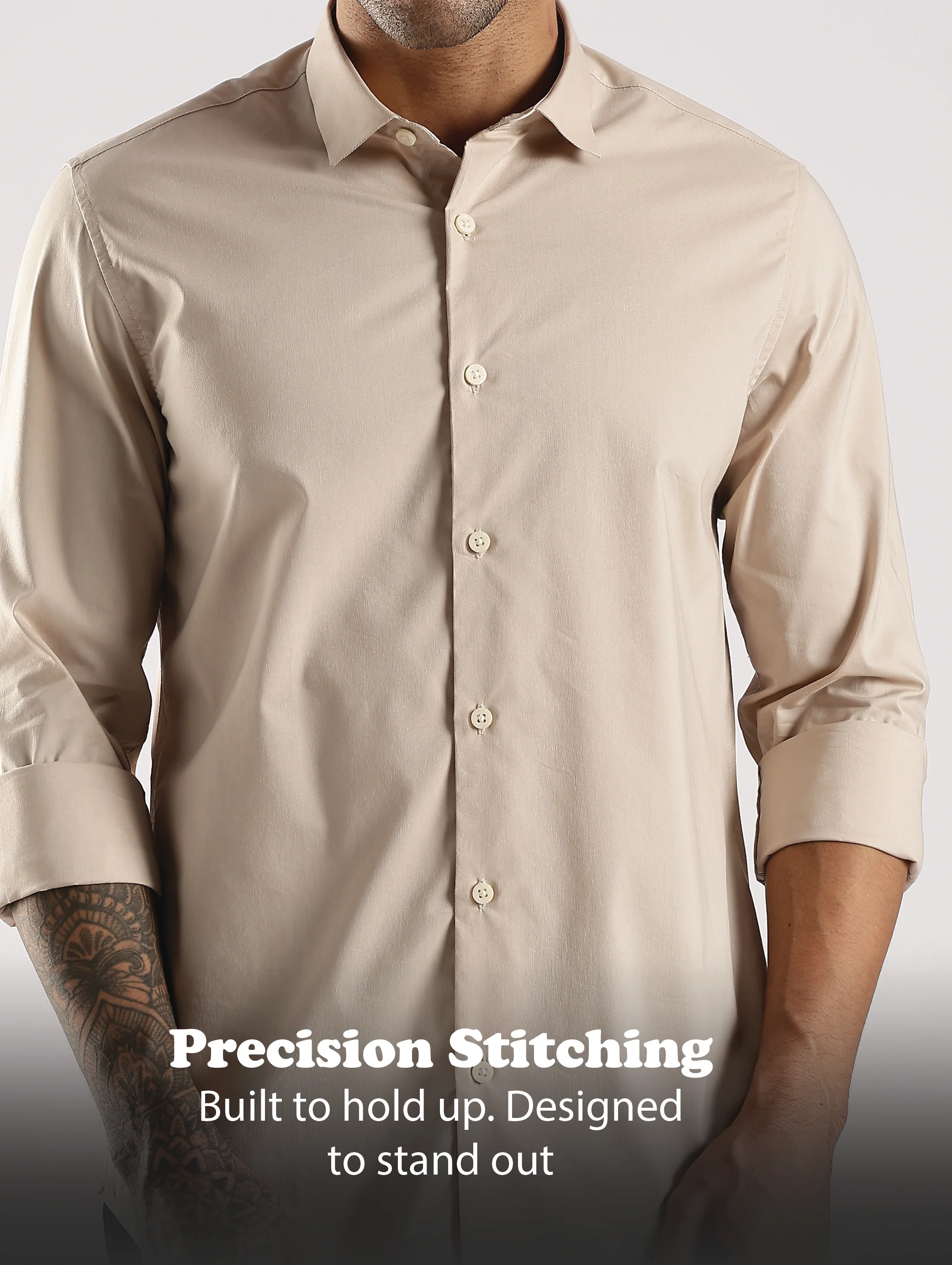 Men Cream Cotton Slim Fit Shirt - Image 10