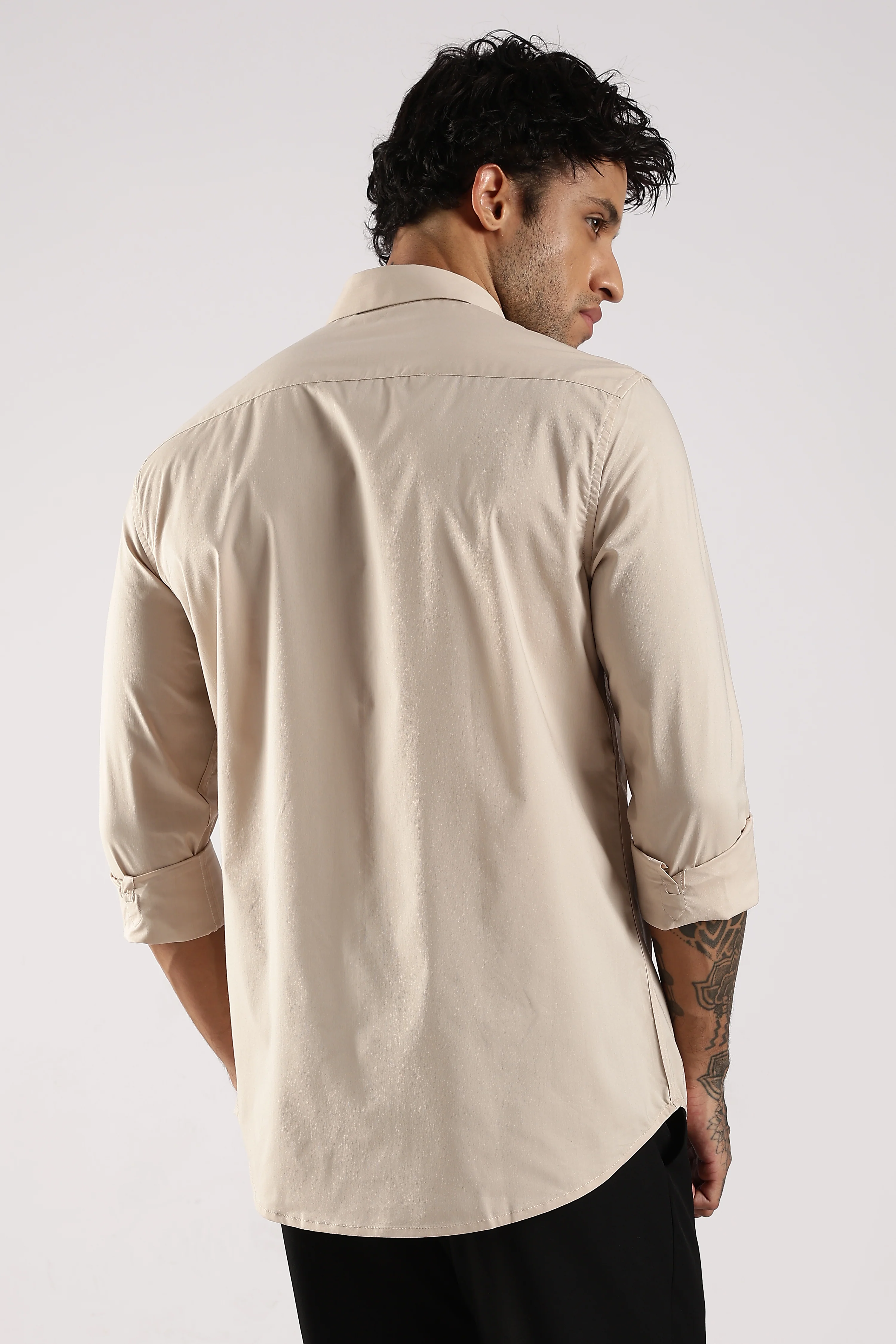 Men Cream Cotton Slim Fit Shirt - Image 2