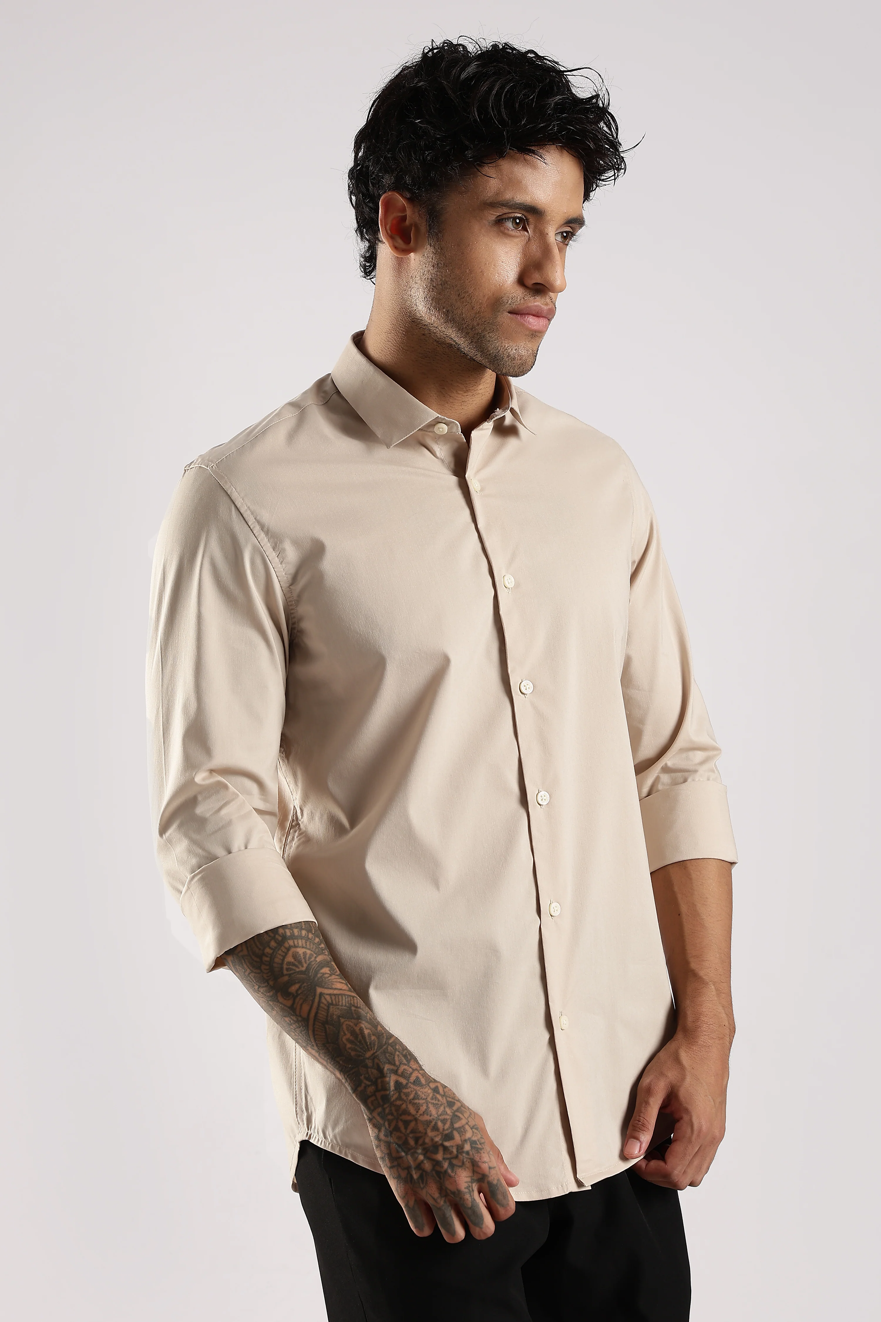 Men Cream Cotton Slim Fit Shirt - Image 3