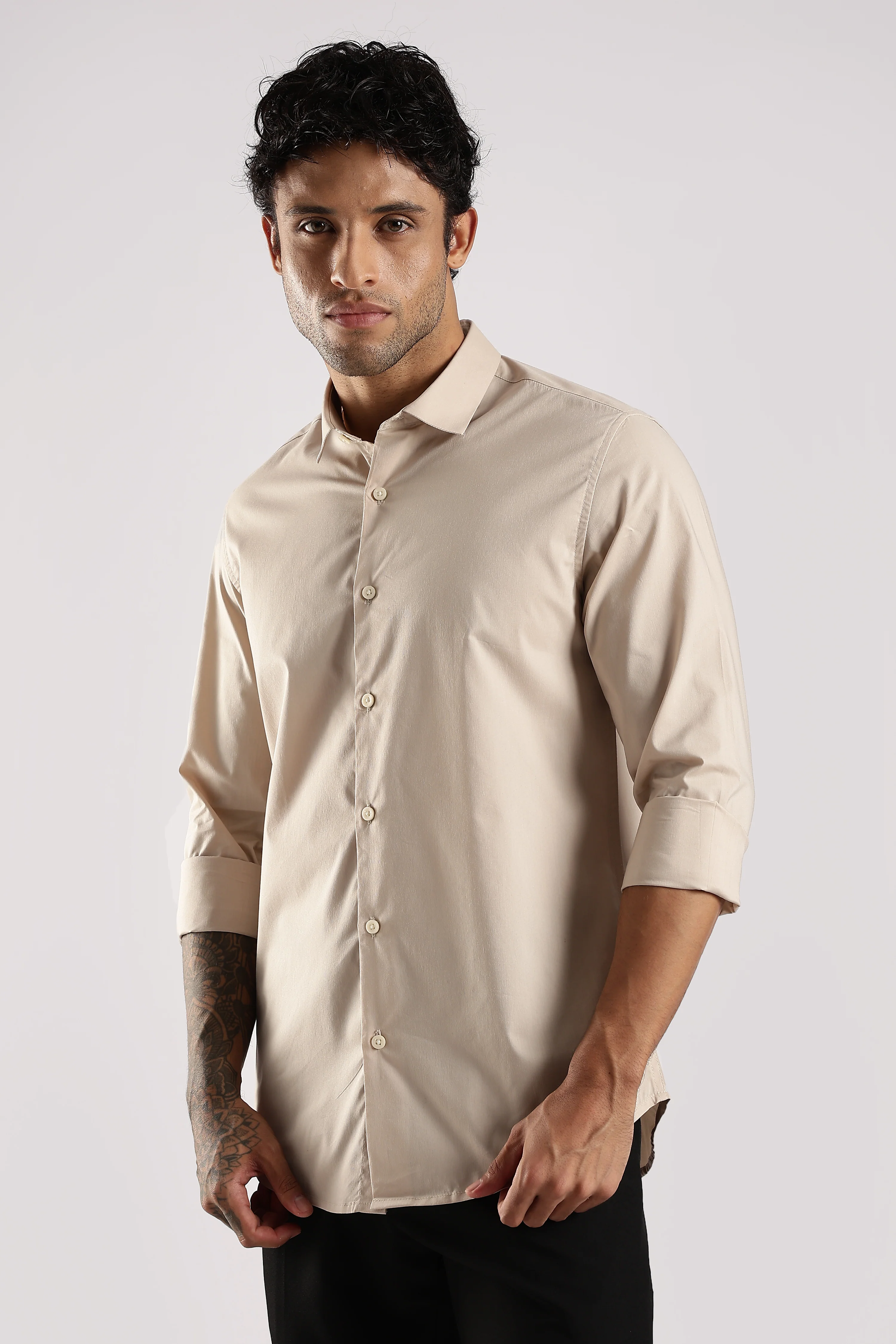 Men Cream Cotton Slim Fit Shirt - Image 4