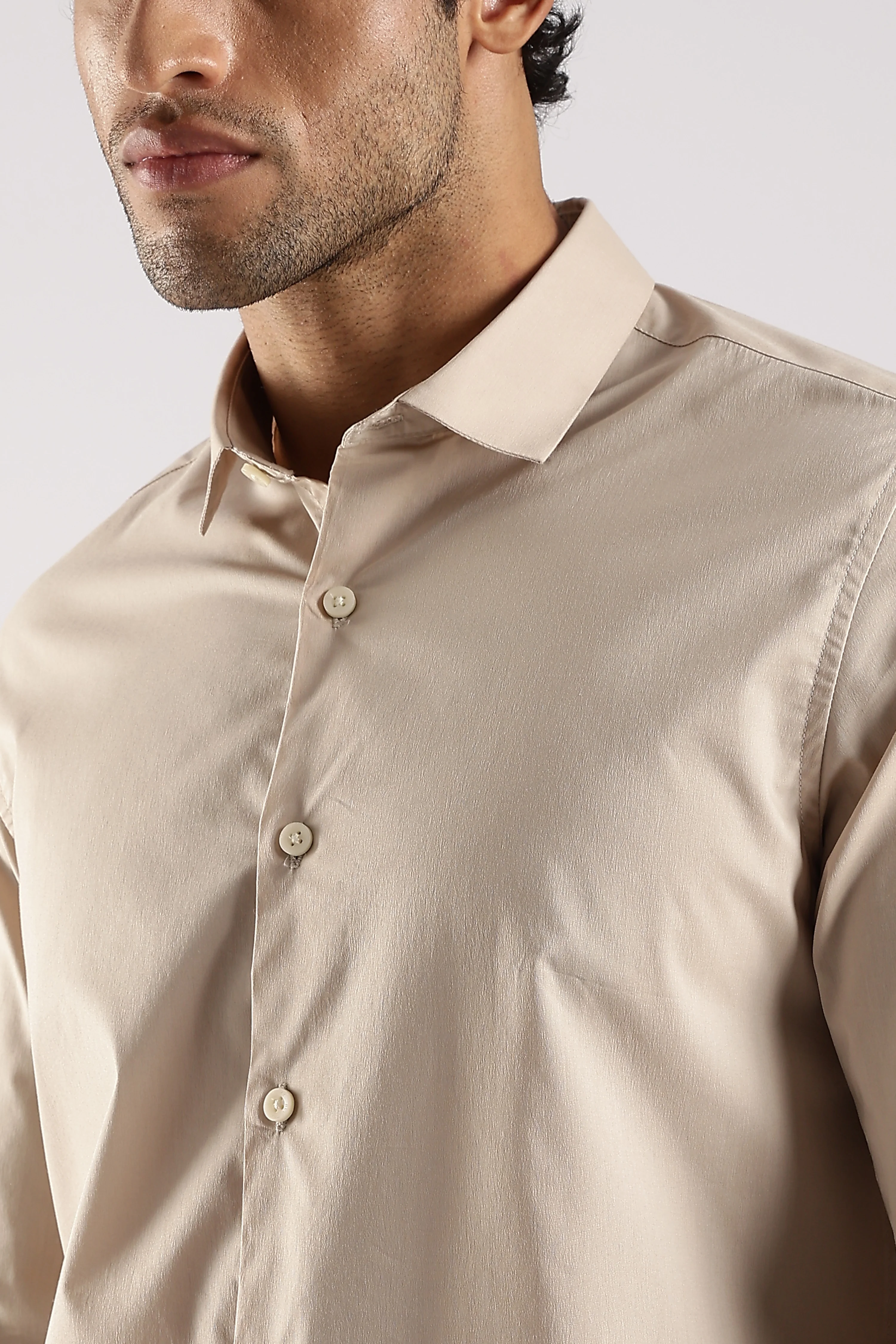 Men Cream Cotton Slim Fit Shirt - Image 5