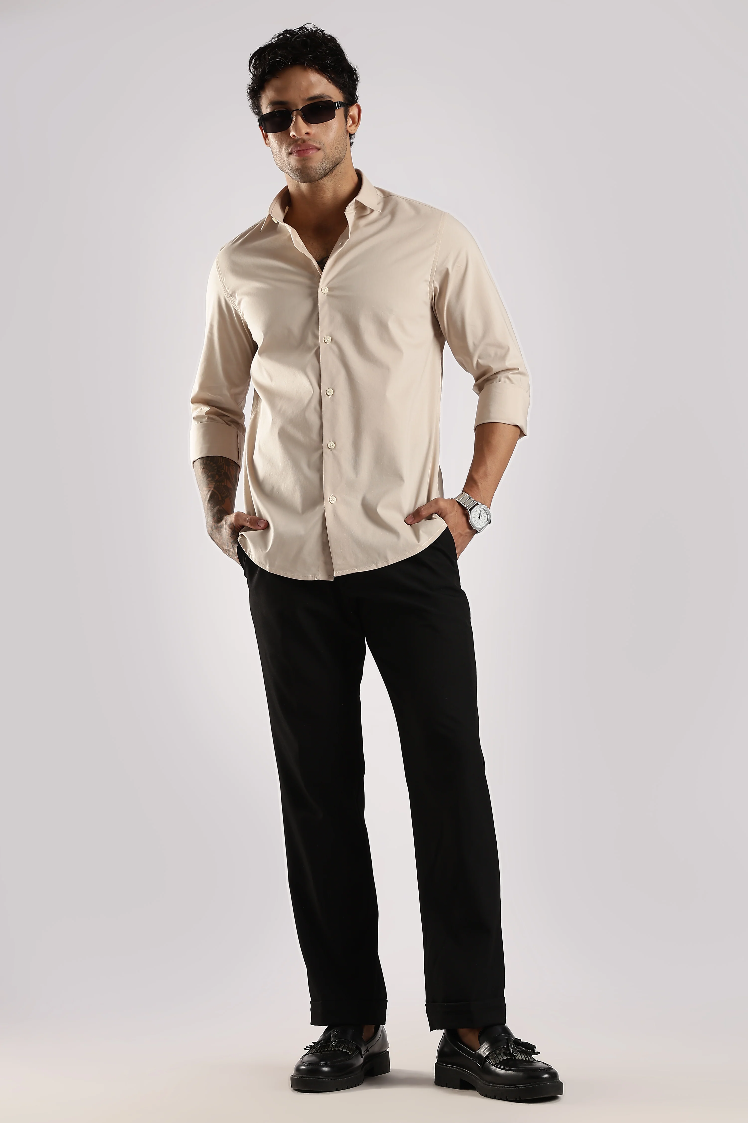 Men Cream Cotton Slim Fit Shirt - Image 6
