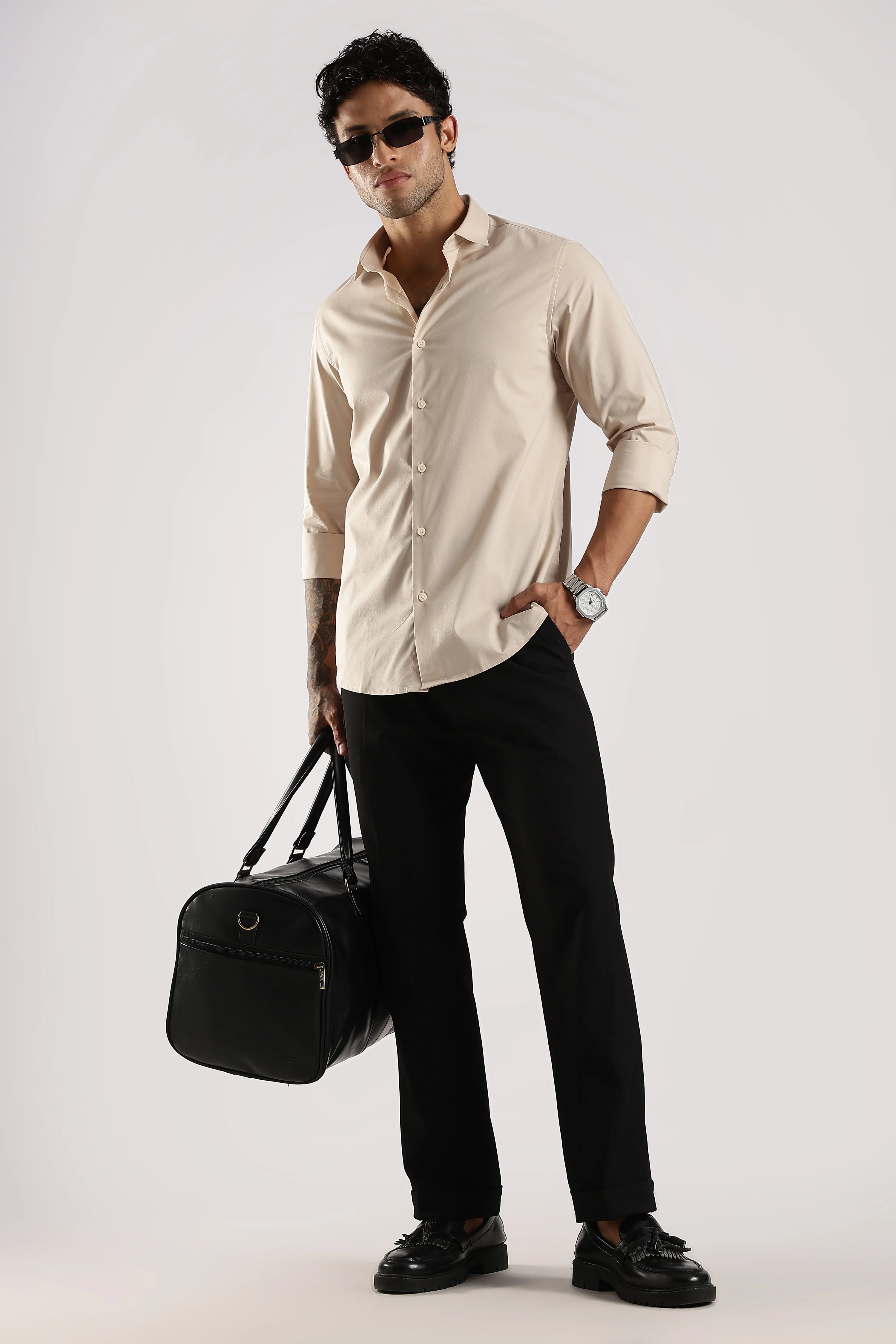 Men Cream Cotton Slim Fit Shirt - Image 7