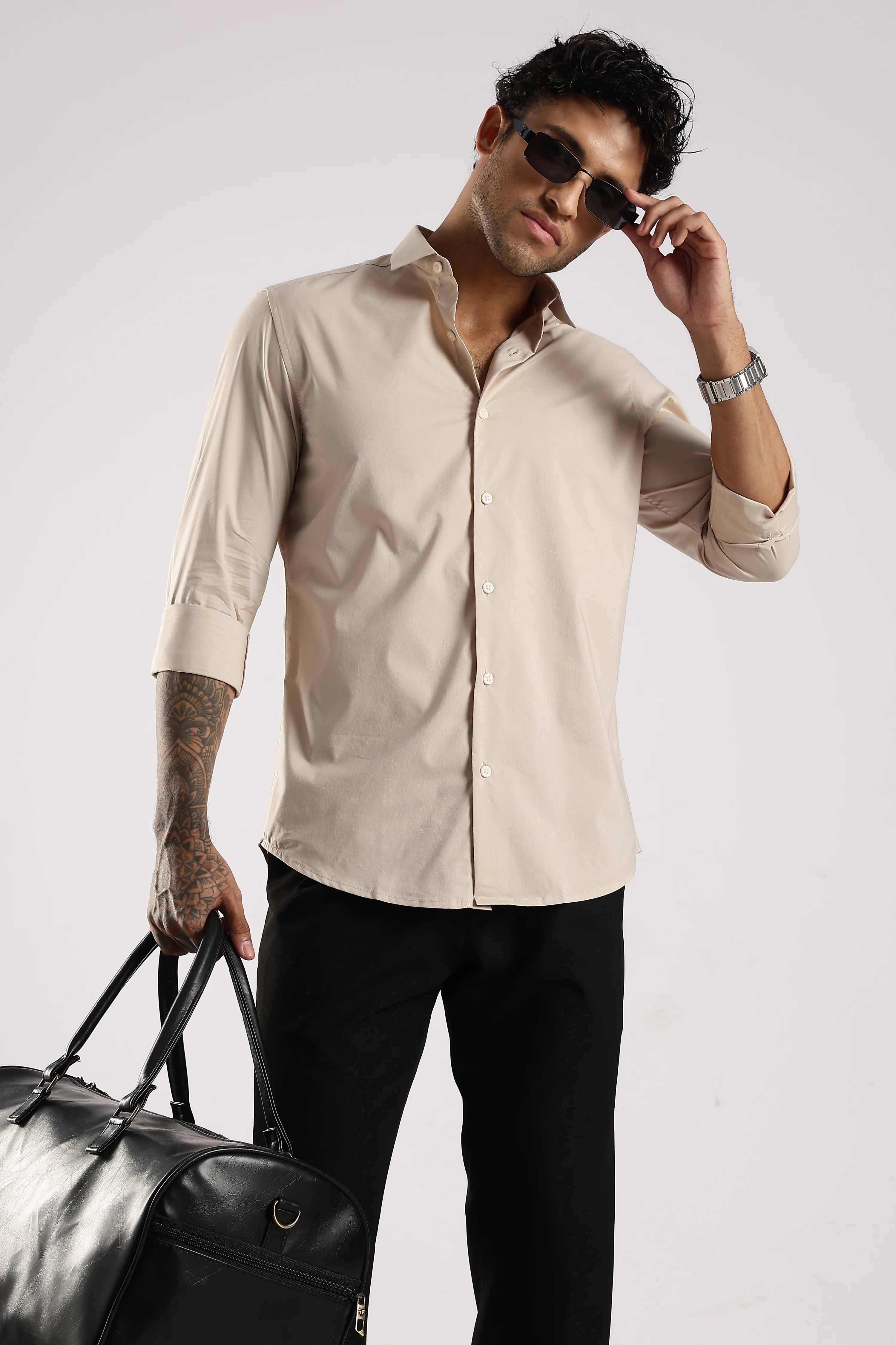 Men Cream Cotton Slim Fit Shirt - Image 8