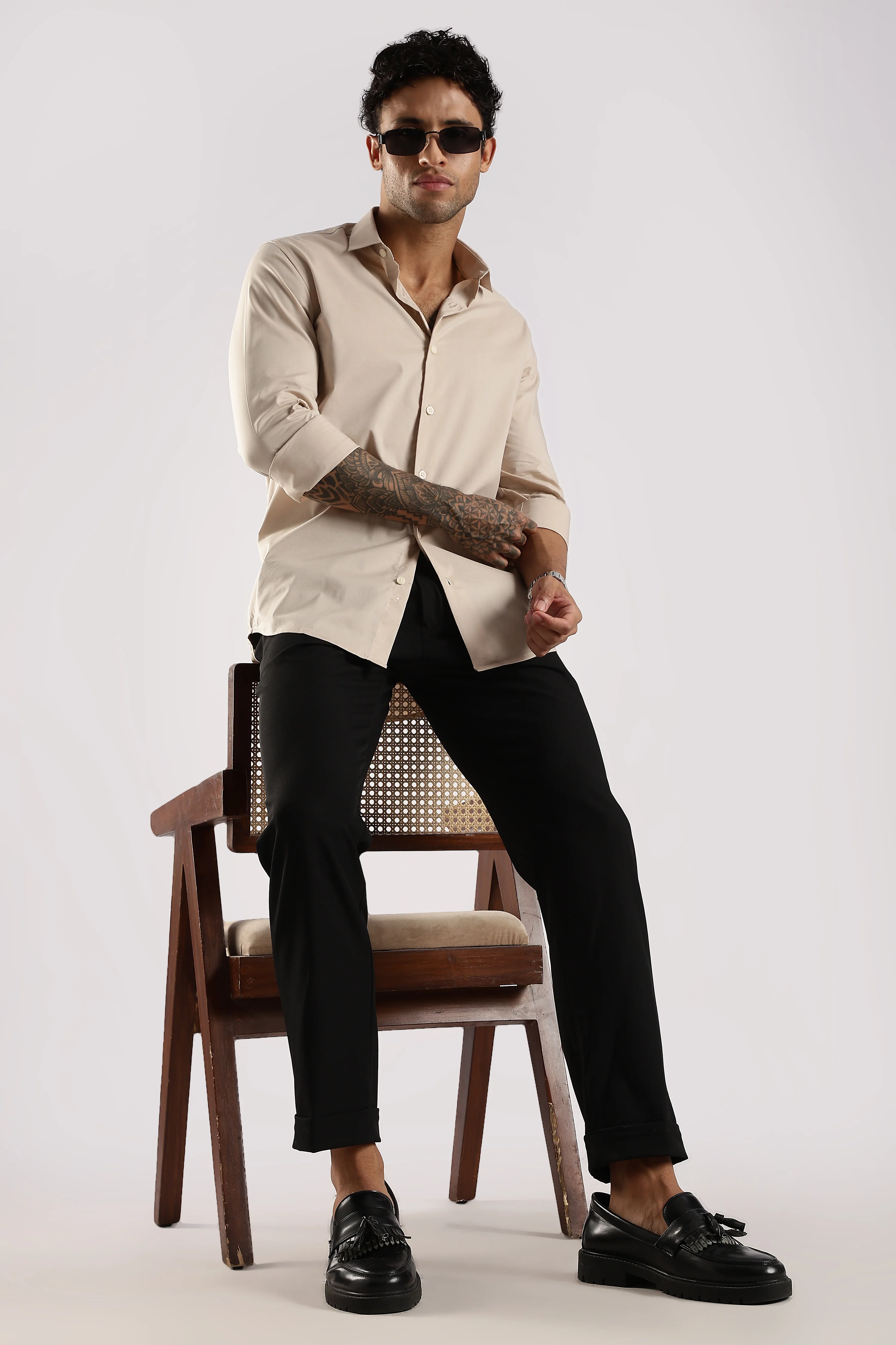Men Cream Cotton Slim Fit Shirt - Image 9