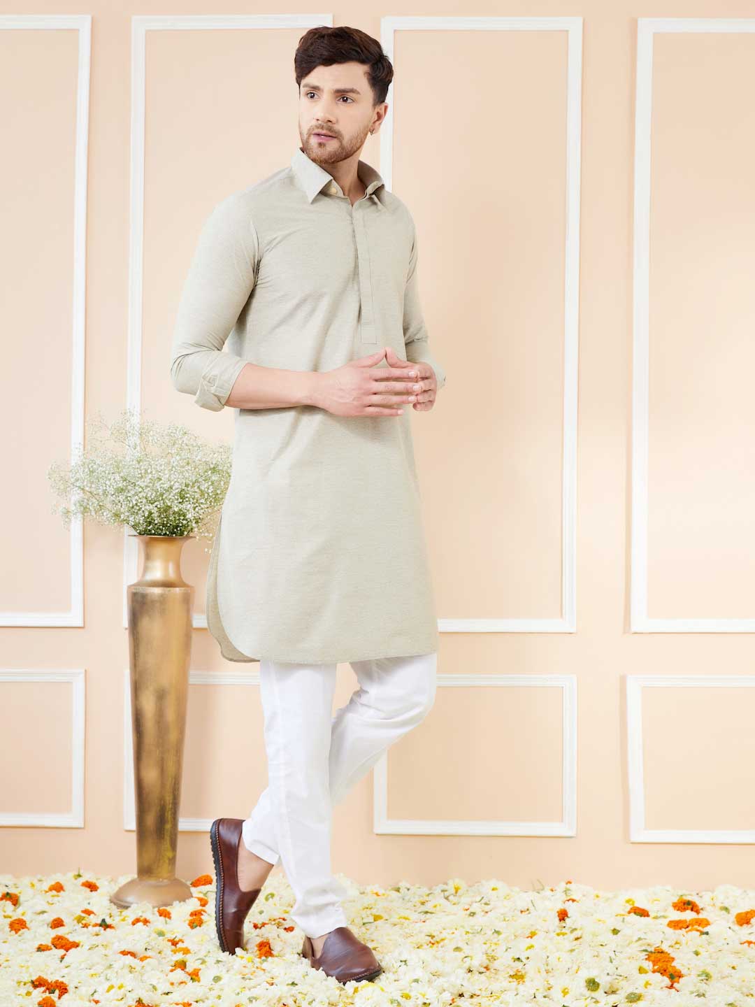 Men Cream Cotton Solid Pathani Kurta - Image 2