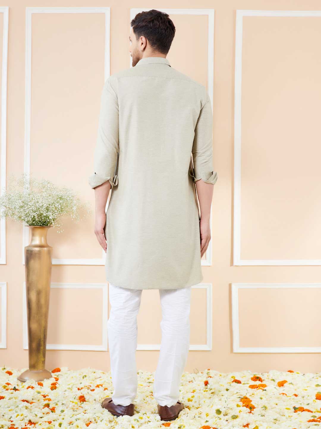 Men Cream Cotton Solid Pathani Kurta - Image 3