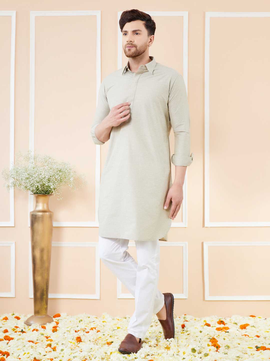 Men Cream Cotton Solid Pathani Kurta - Image 4