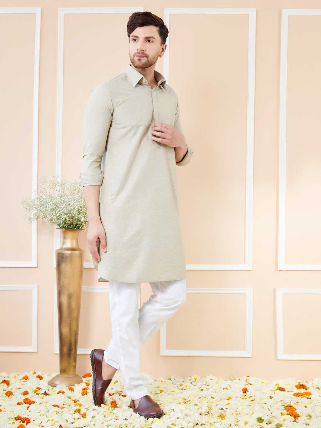 Men Cream Cotton Solid Pathani Kurta - Image 5