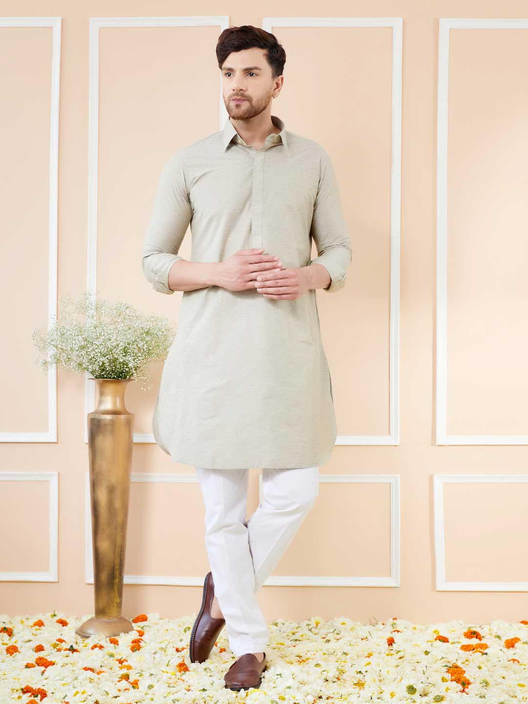 Men Cream Cotton Solid Pathani Kurta - Image 7