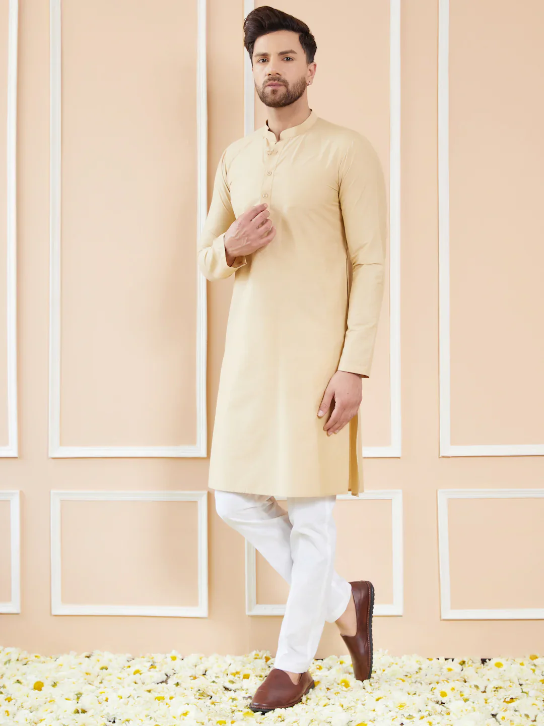 Men Cream Cotton Solid Straight Kurta - Image 4