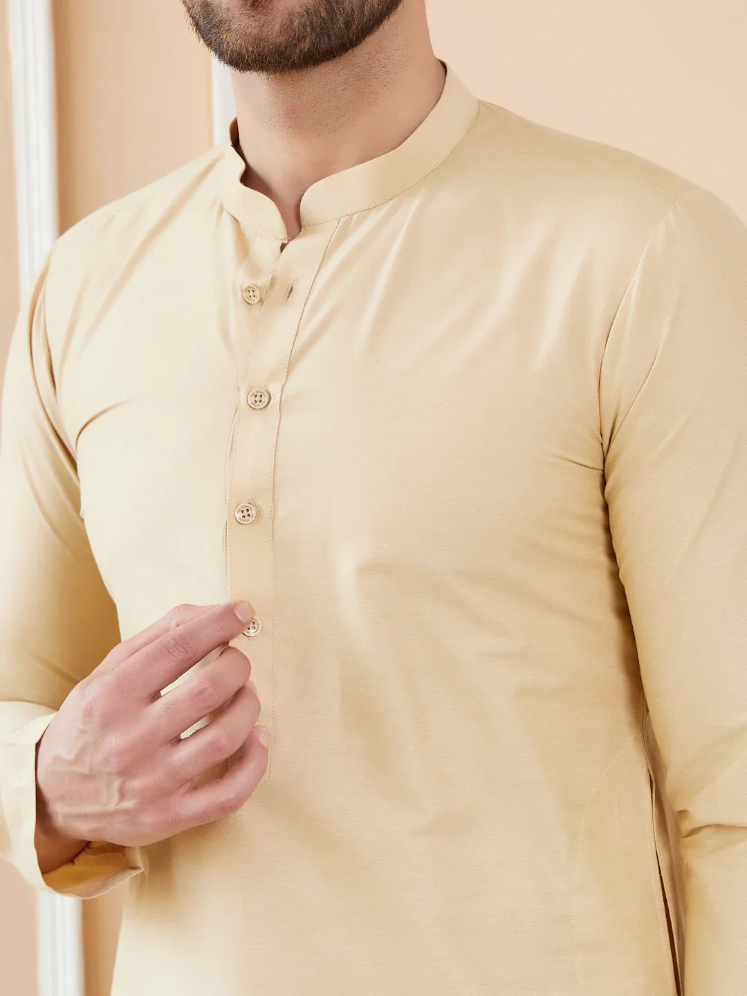 Men Cream Cotton Solid Straight Kurta - Image 5