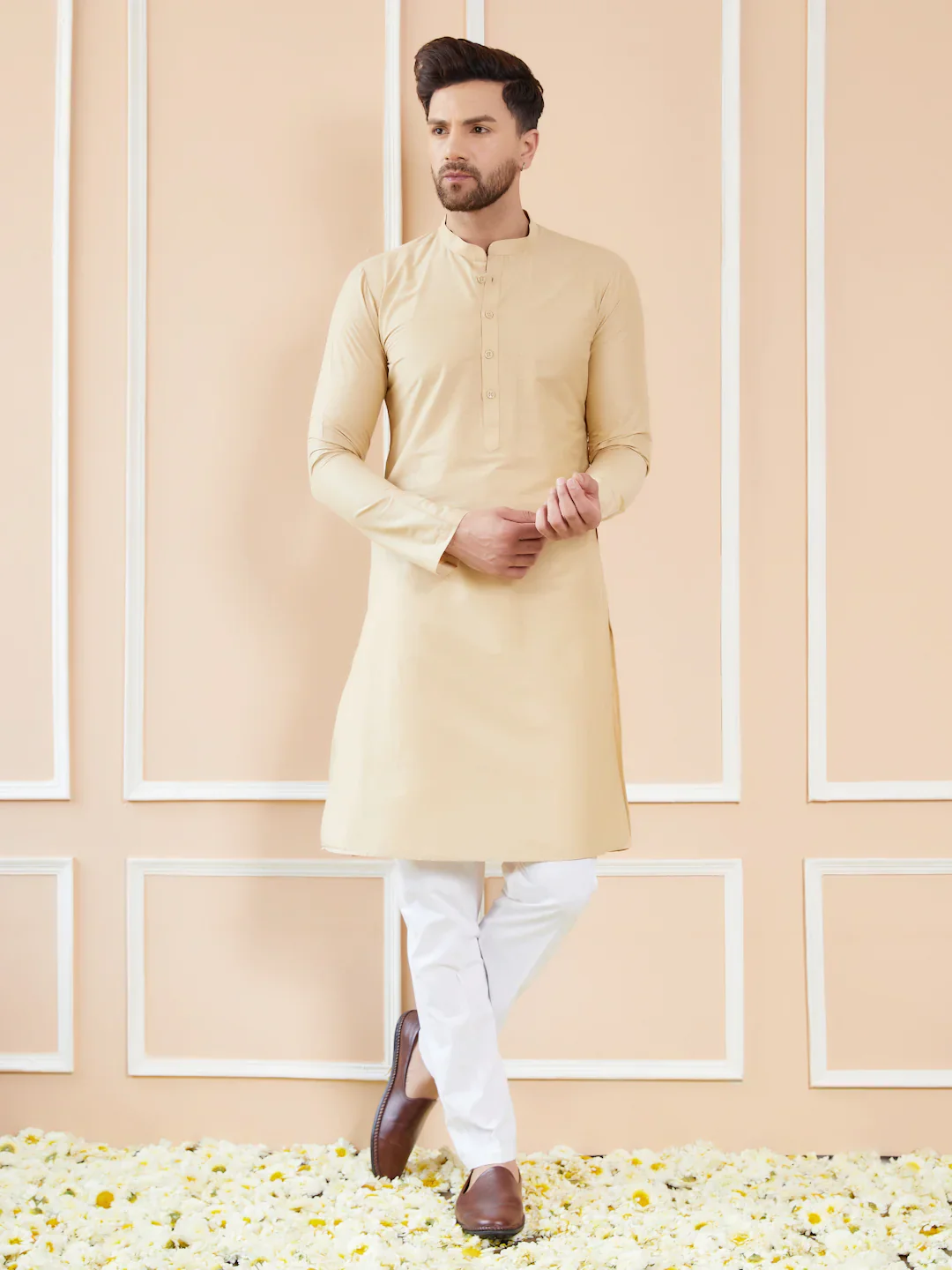 Men Cream Cotton Solid Straight Kurta - Image 6