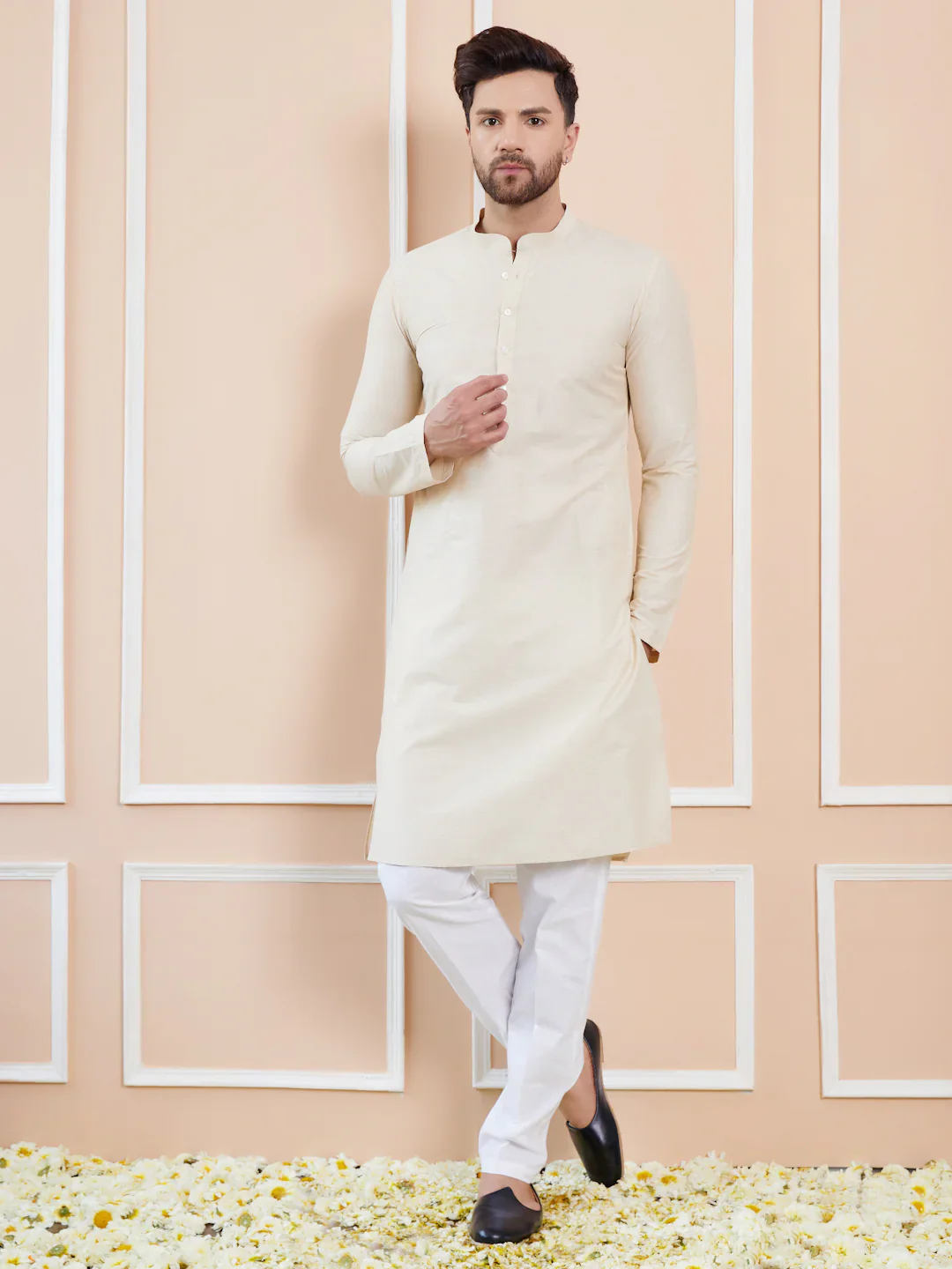 Men Cream Cotton Solid Straight Kurta - Image 4