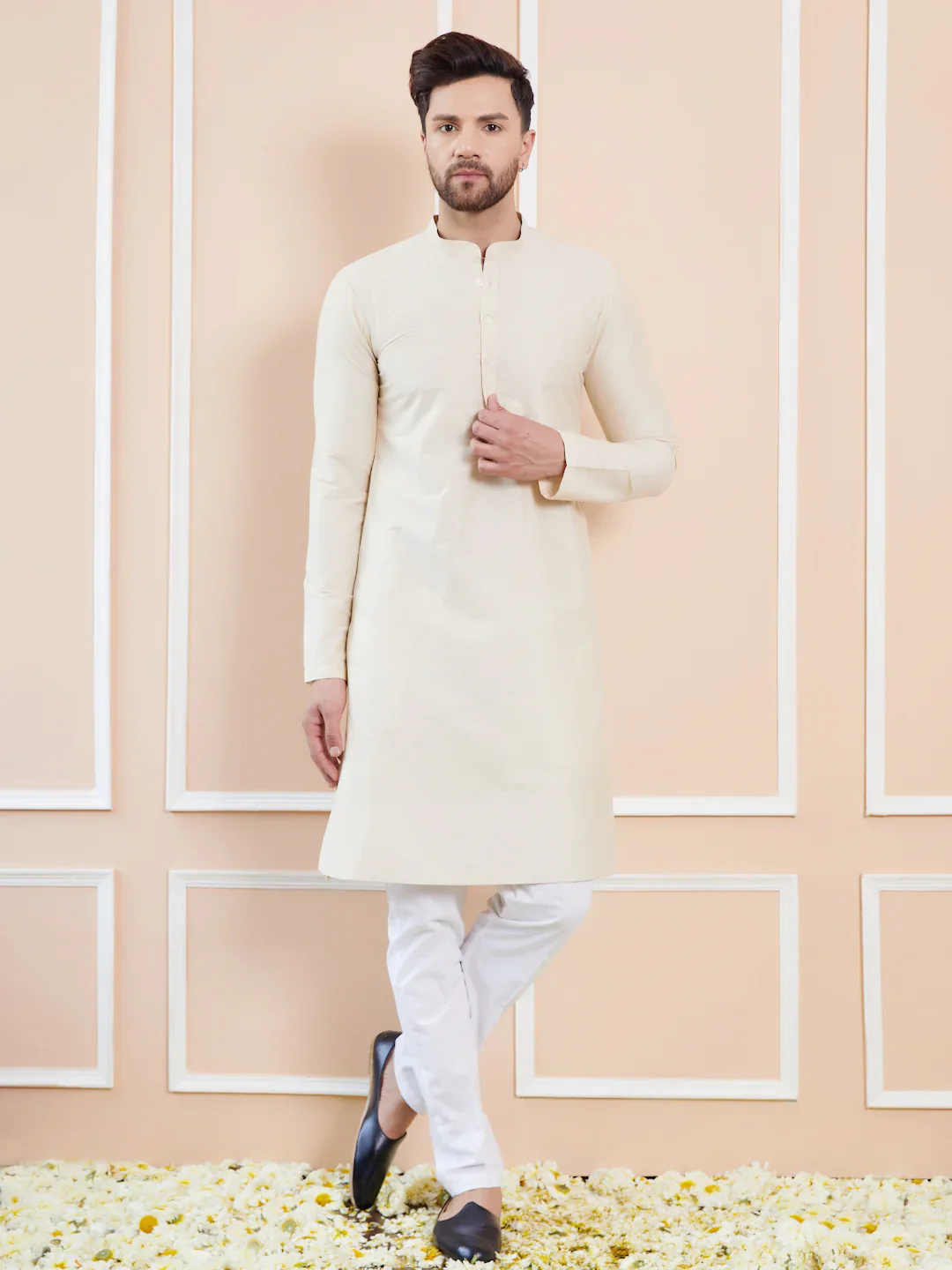 Men Cream Cotton Solid Straight Kurta - Image 5