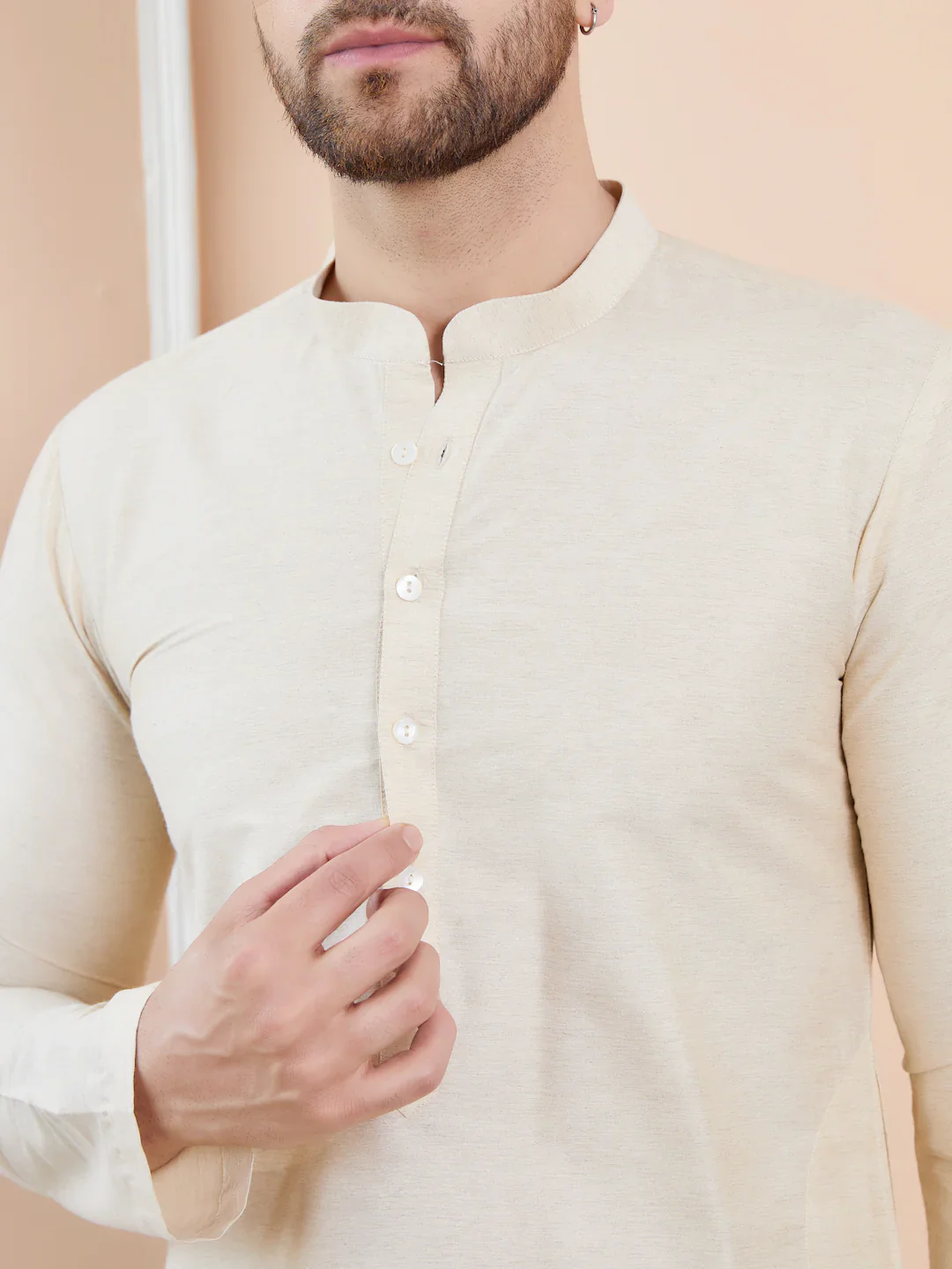 Men Cream Cotton Solid Straight Kurta - Image 6