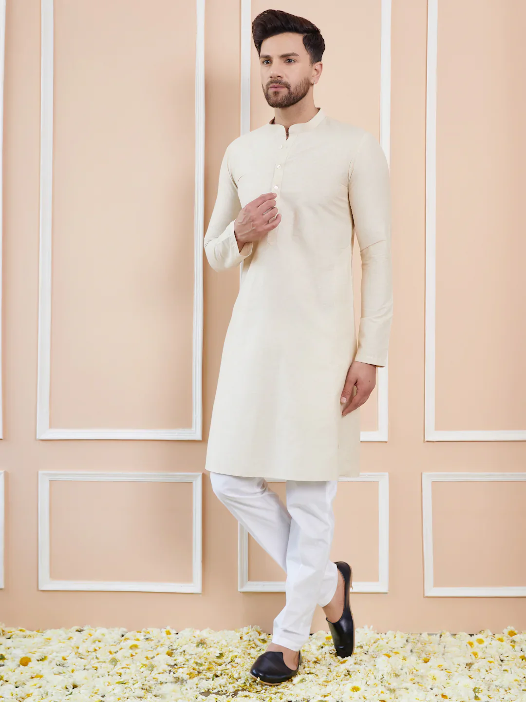 Men Cream Cotton Solid Straight Kurta - Image 7