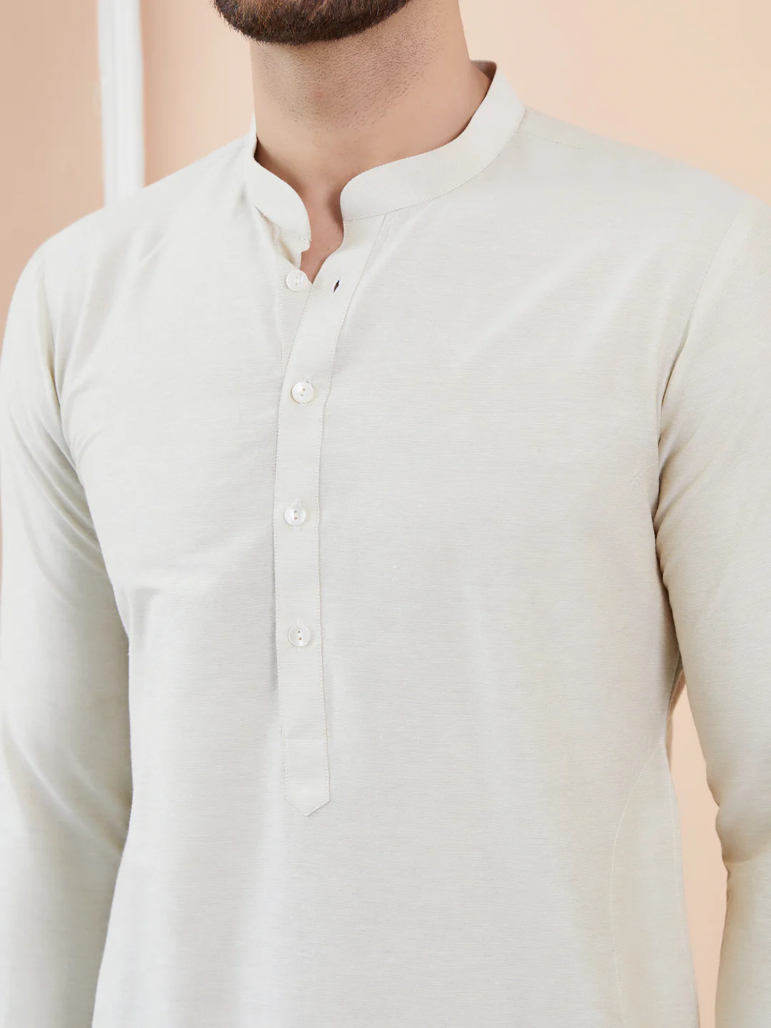 Men Cream Cotton Solid Straight Kurta - Image 2