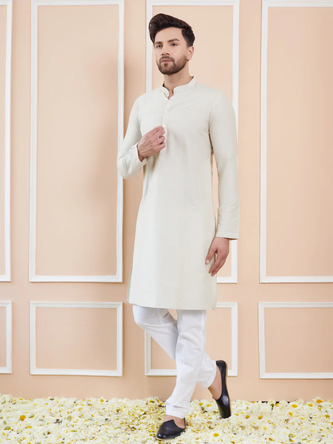 Men Cream Cotton Solid Straight Kurta - Image 4