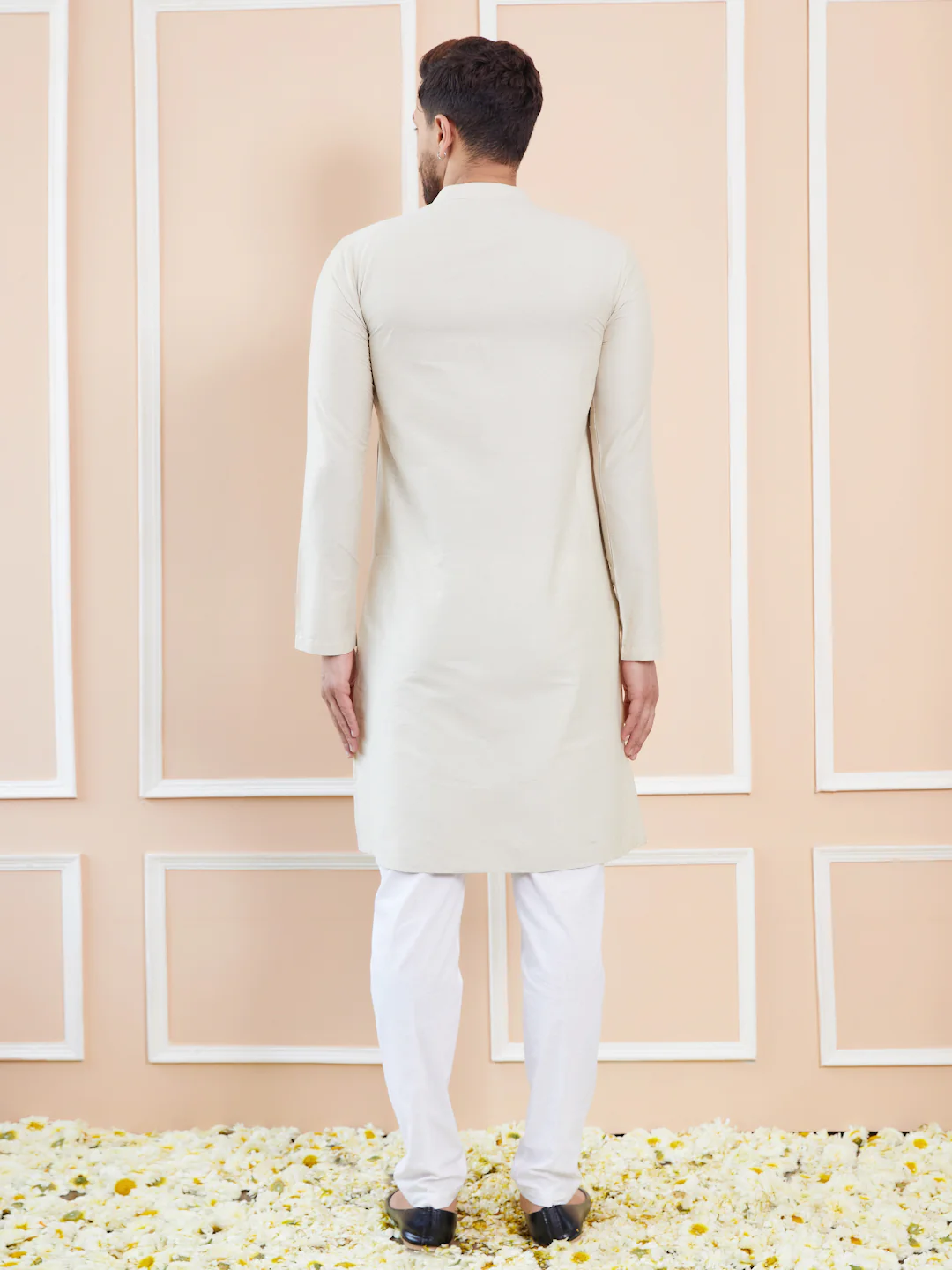 Men Cream Cotton Solid Straight Kurta - Image 5