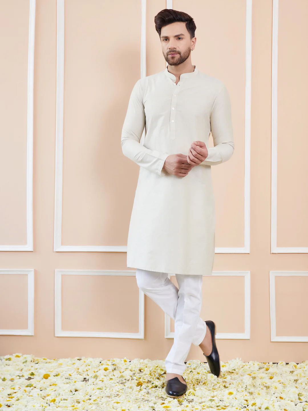 Men Cream Cotton Solid Straight Kurta - Image 6
