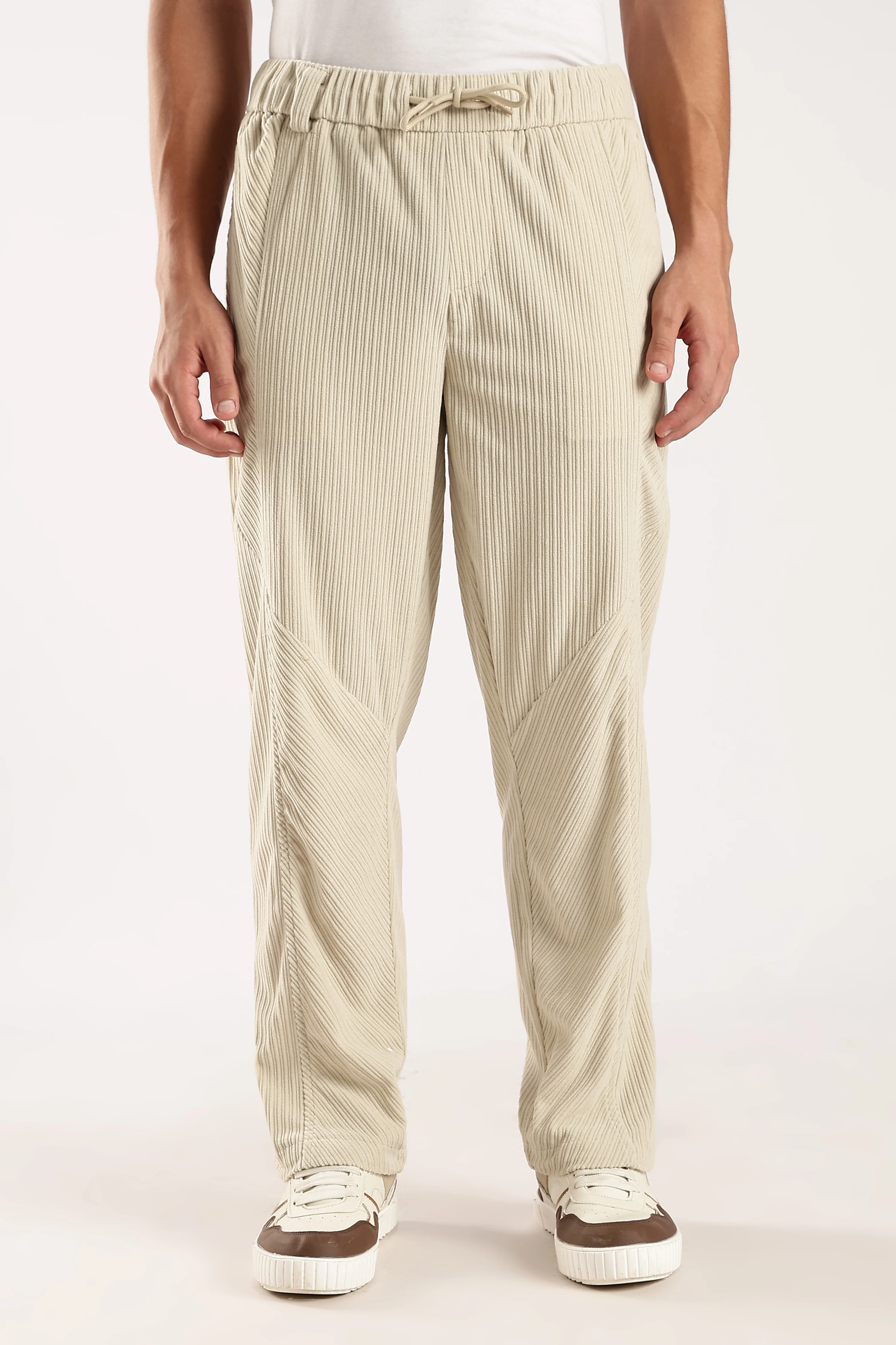 Men Cream Textured Drawcord Trousers - Image 5
