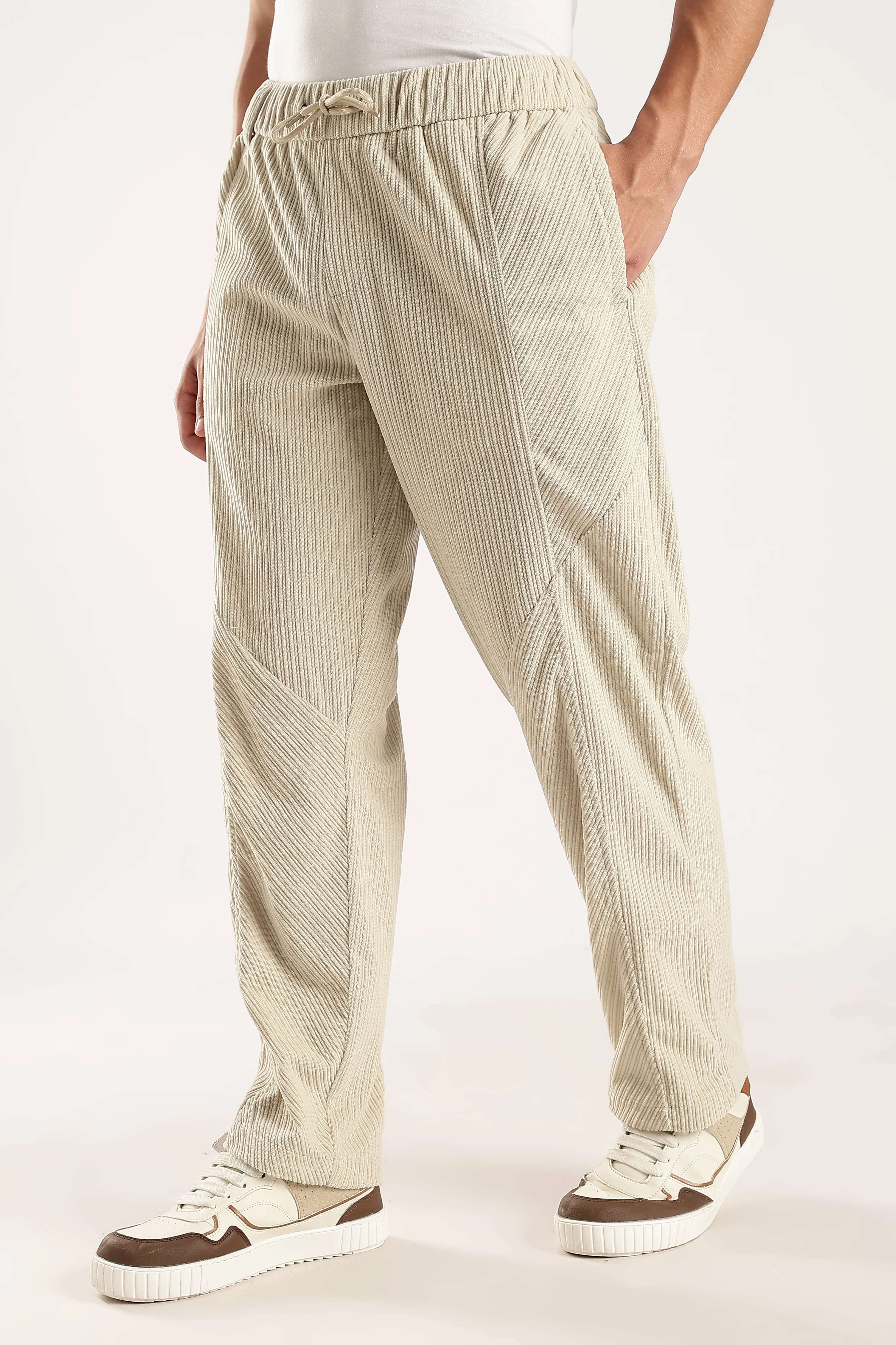 Men Cream Textured Drawcord Trousers - Image 6