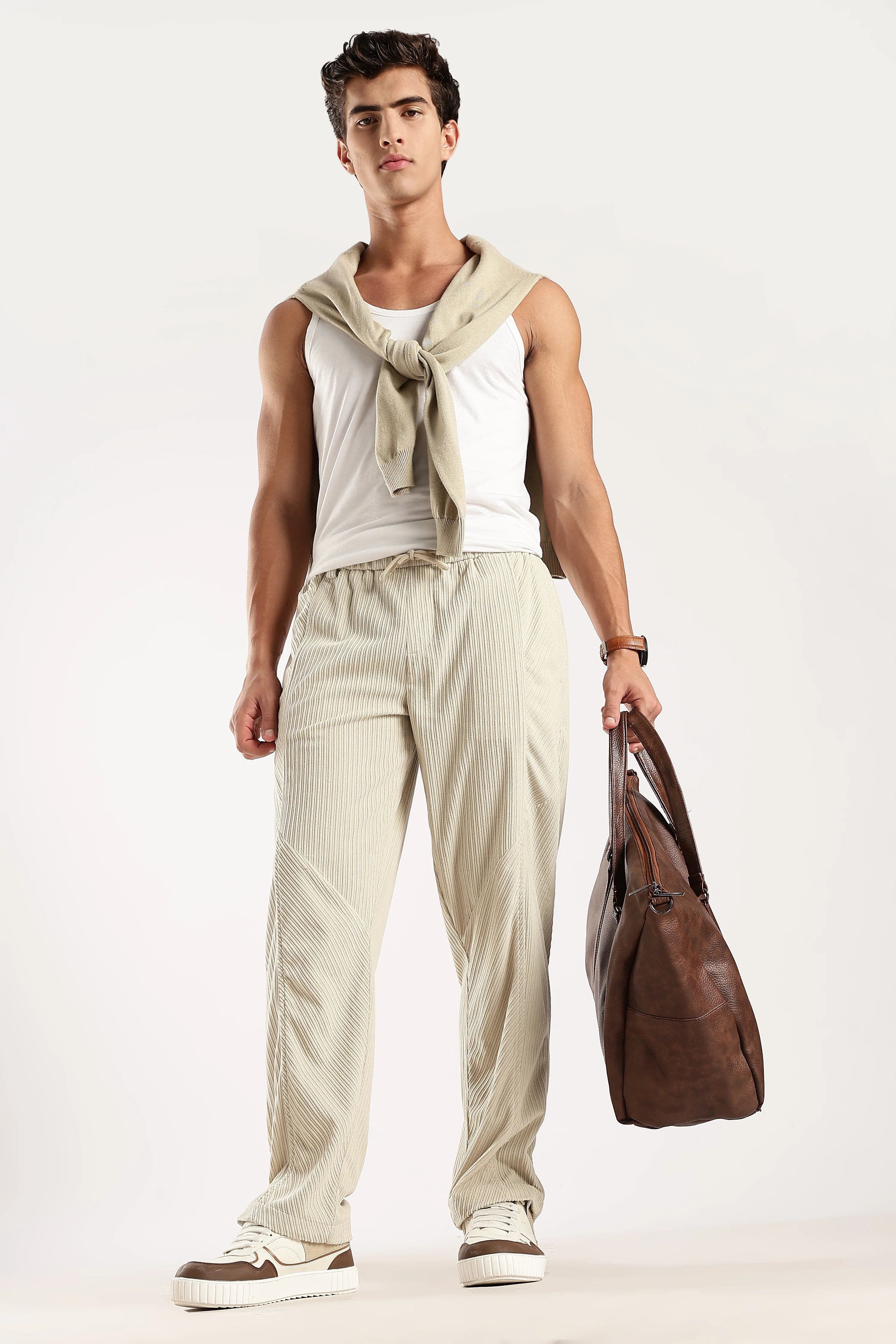 Men Cream Textured Drawcord Trousers - Image 7